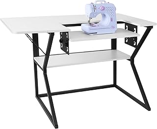 Vividwood Sewing Table, Large Sewing Machine Table with Adjustable Platform and Storage Shelf - White