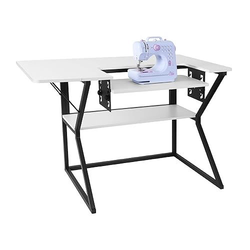 Vividwood Sewing Table, Large Sewing Machine Table with Adjustable Platform and Storage Shelf - White - White
