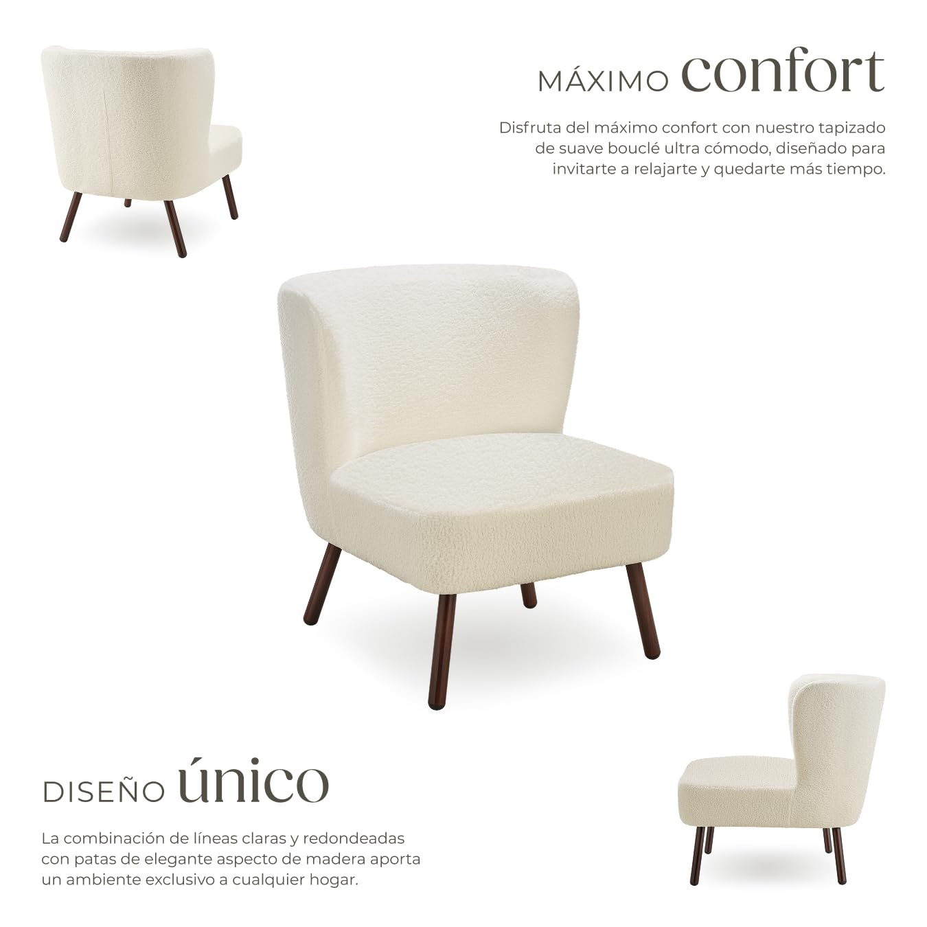 tectake® Sillon de Cóctel Acolchado, Respaldo Curvado Extragrande, Patas de Acero, Sillon Relax, Butacas de Salon, Muebles de Salon, Butaca, Sillón Orejero - Bouclé Blanco Roto