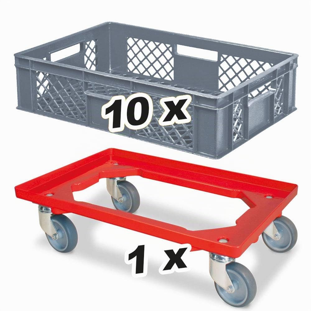 BRB Lot de 10 bacs euro, L x l x H 600 x 400 x 150 mm, qualité industrielle, qualité alimentaire + 1 chariot de transport avec planche en plastique ABS incassable (gris/rouge)