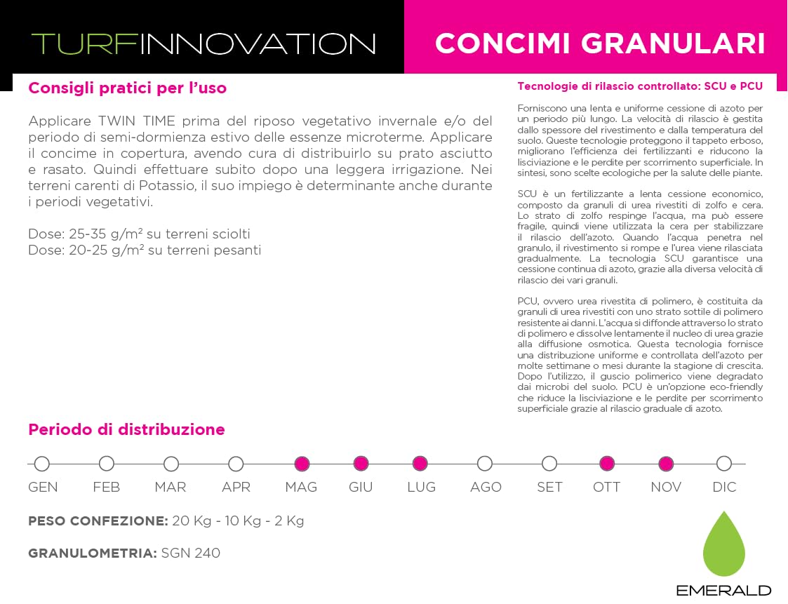 Emerald TWIN TIME TurfInnovation, Concime Fertilizzante Granulare Pre Estivo e Pre Invernale,forte resistenza agli Stress Termici, 10kg (400mq)
