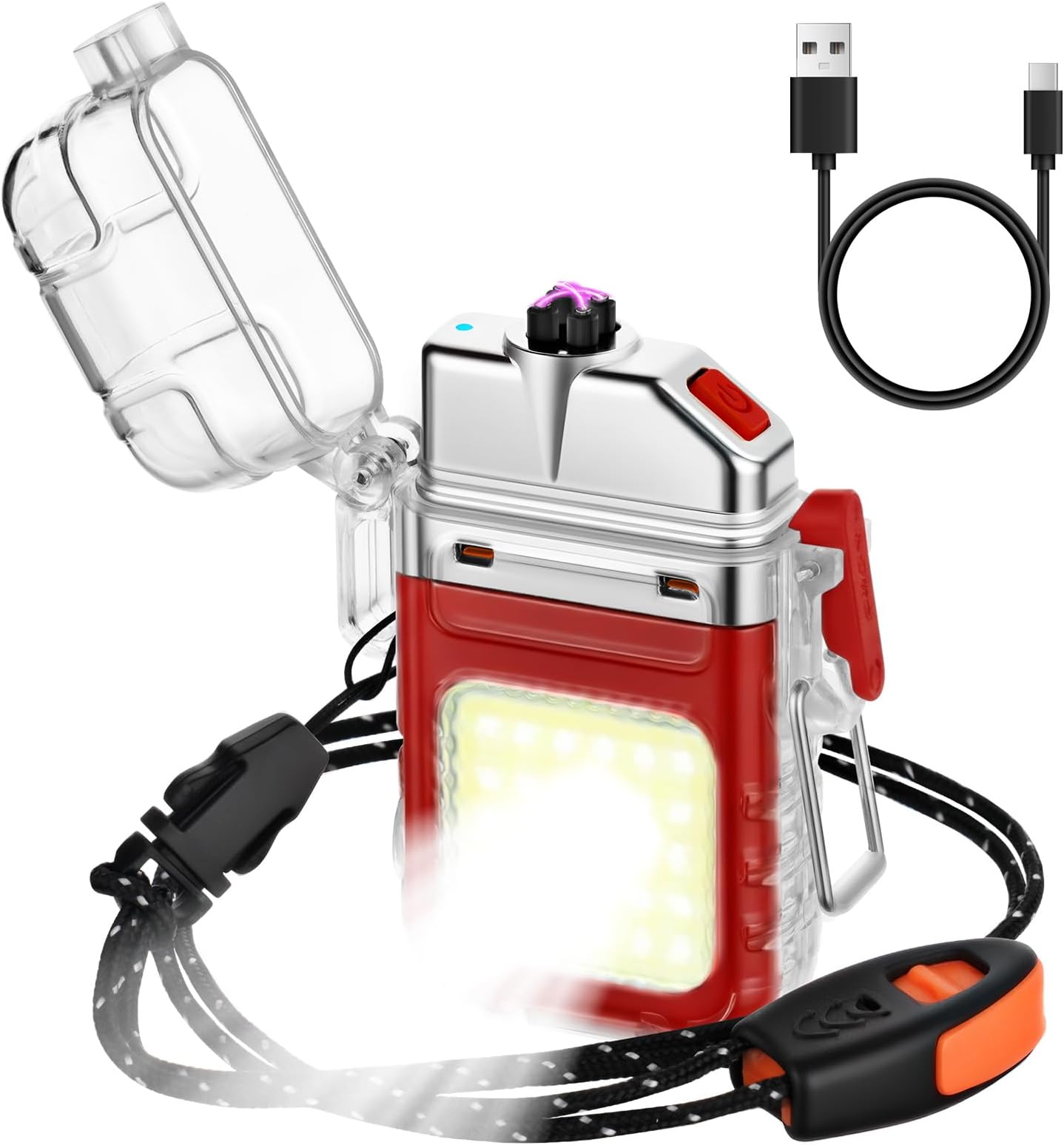 Vicloon Electric Lighter, USB Plasma Arc Lighter, 3 Modes Flashlight Windproof and Waterproof Lighters, Rechargeable Lighters for Camping Hiking Outdoor Survival, Gifts for Men Him Dad Husband(Red)