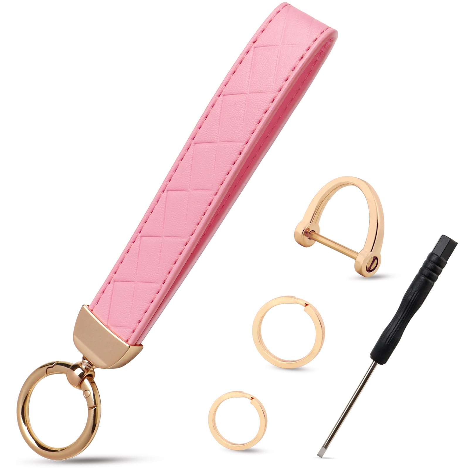 Leather Keychain Wristlet Car Key Chain Key Fob Wristband Hand Strap for Car and Wallet,Pink, Pink, Medium