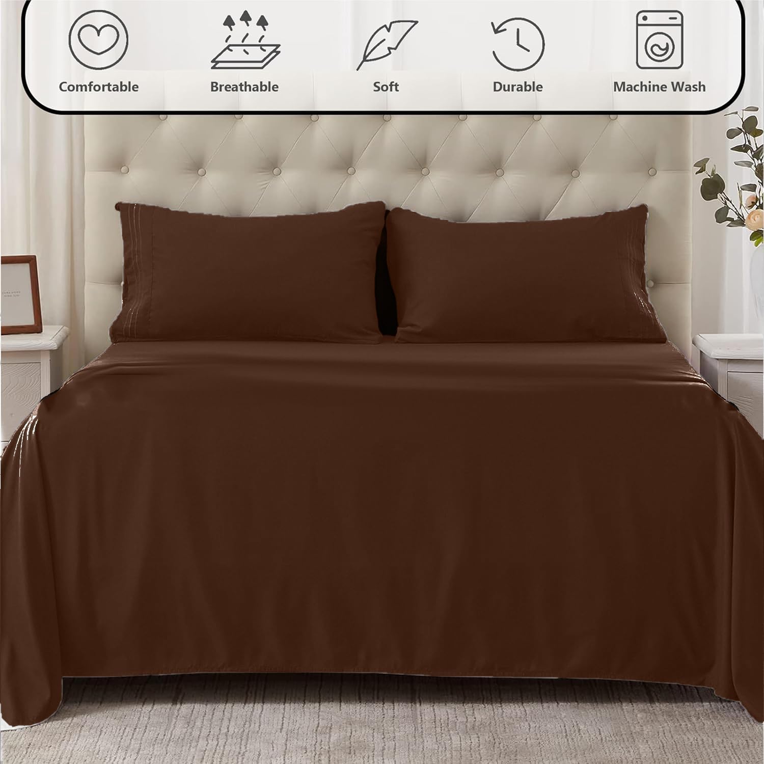 100% Egyptian Cotton Sheets | 1000 Thread Count 18" Queen Sheet Set | Deep Pocket & Cooling | Soft Sateen Finish | Durable & Breathable | Elegant Brown Solid