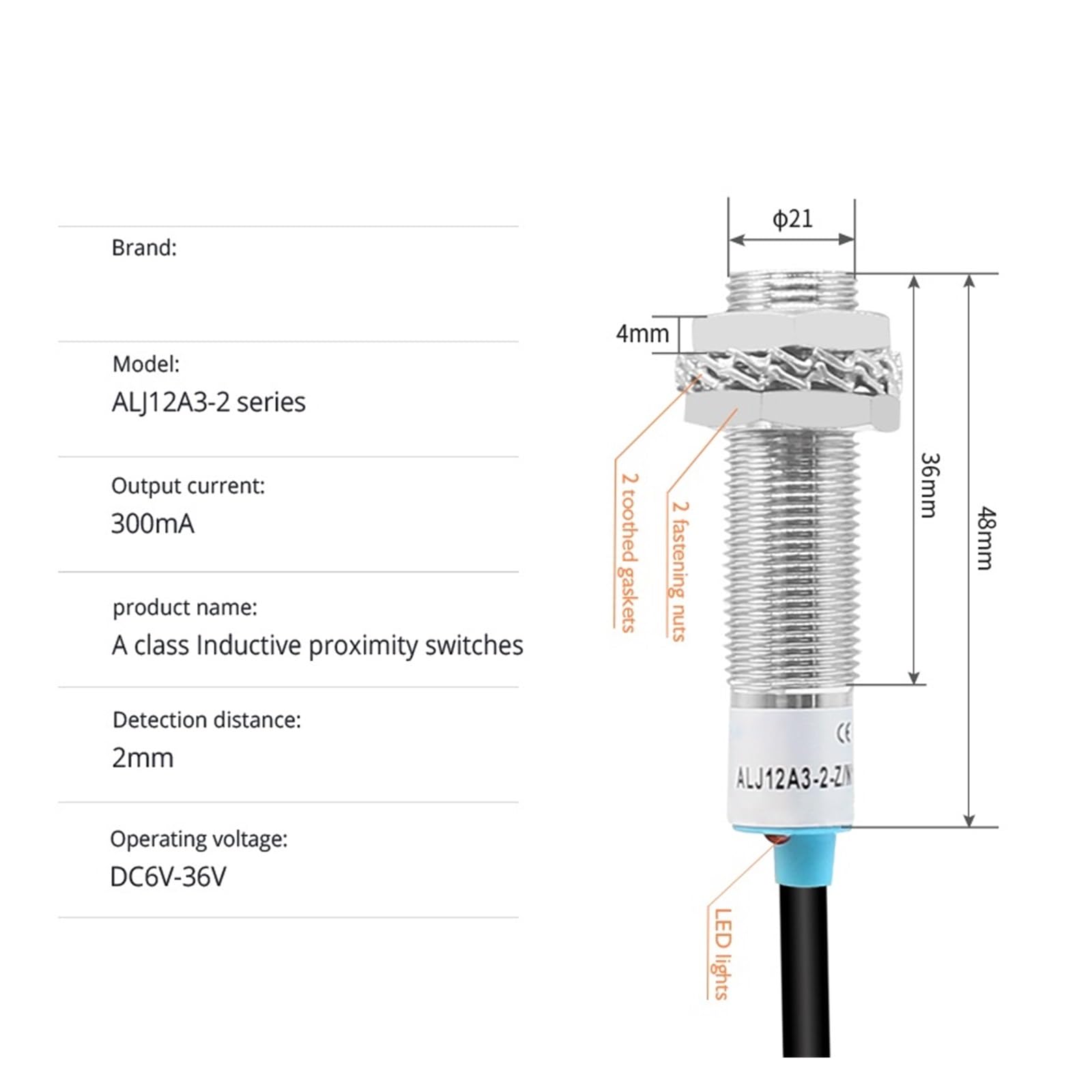 Interruptor de proximidad inductivo Clase A Serie ALJ12A3-4-Z con protección contra Cortocircuitos Sensor de proximidad M12 NPN NO DC 3 Hilos(ALJ12A3-4-Z-P1)
