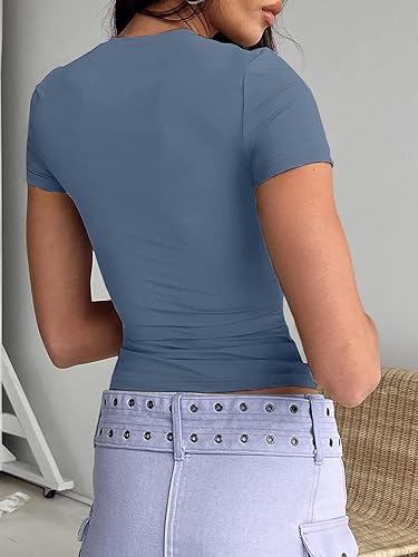 Miniatura 2 de Abardsion Camiseta corta para mujer, estilo casual, básica, ajustada, manga corta, cuello redondo, ajustada