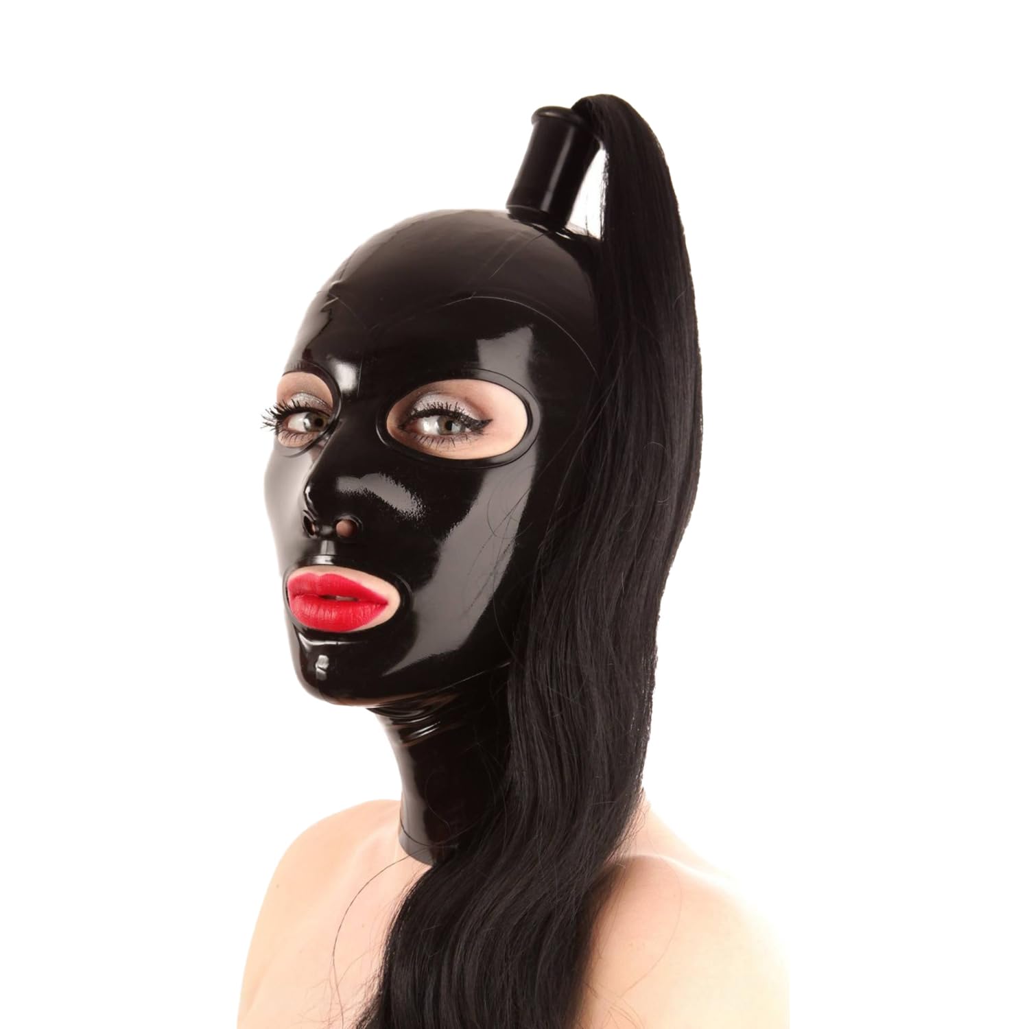 IOKUKI Cagoule en Latex Noir avec Trous pour Les Cheveux,Masque Unisexe en Latex Naturel avec Fermeture éclair Dans Le Dos