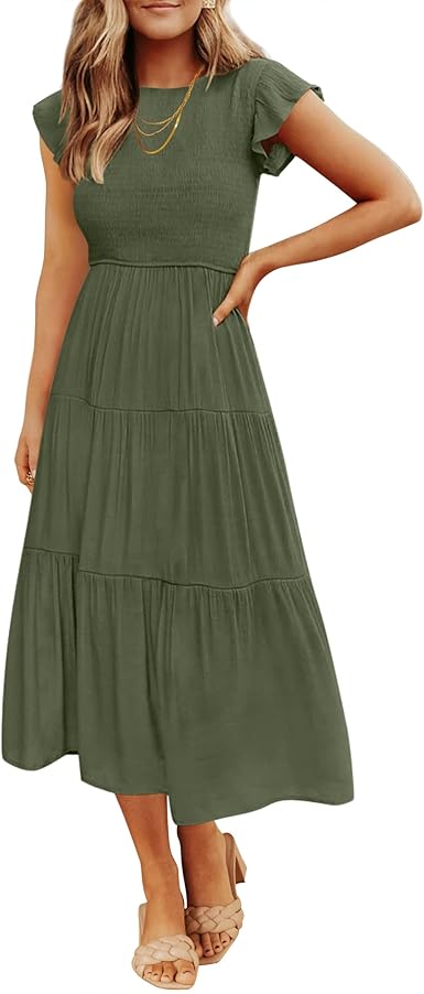 ZESICA Women's 2023 Summer Casual Flutter Short Sleeve Crew Neck Smocked Elastic Waist Tiered Midi Dress