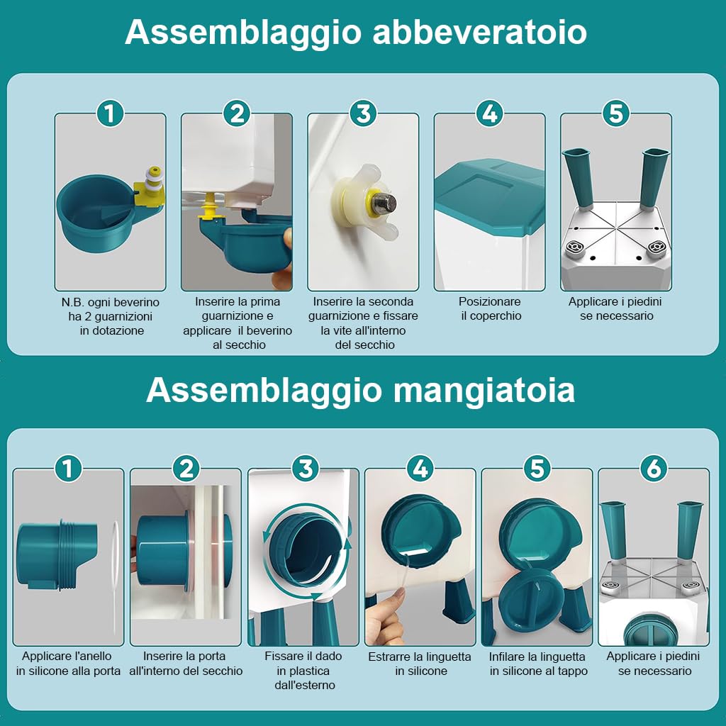 Easy Media Abbeveratoio 12 kg + Mangiatoia 11 L per Galline, Anatre, Oche, Polli, Pollame – sistema automatico, antispreco, con 4 Beverini e 3 Bocche di Alimentazione