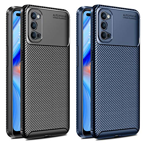 ivoler 2 Unidades Funda para OPPO Reno 4 5G / OPPO Reno4 5G, [Fibra de Carbono] Carcasa Ligera Silicona Suave TPU Gel Bumper Caso Case Cover con Shock- Absorción (Negro+Azul)