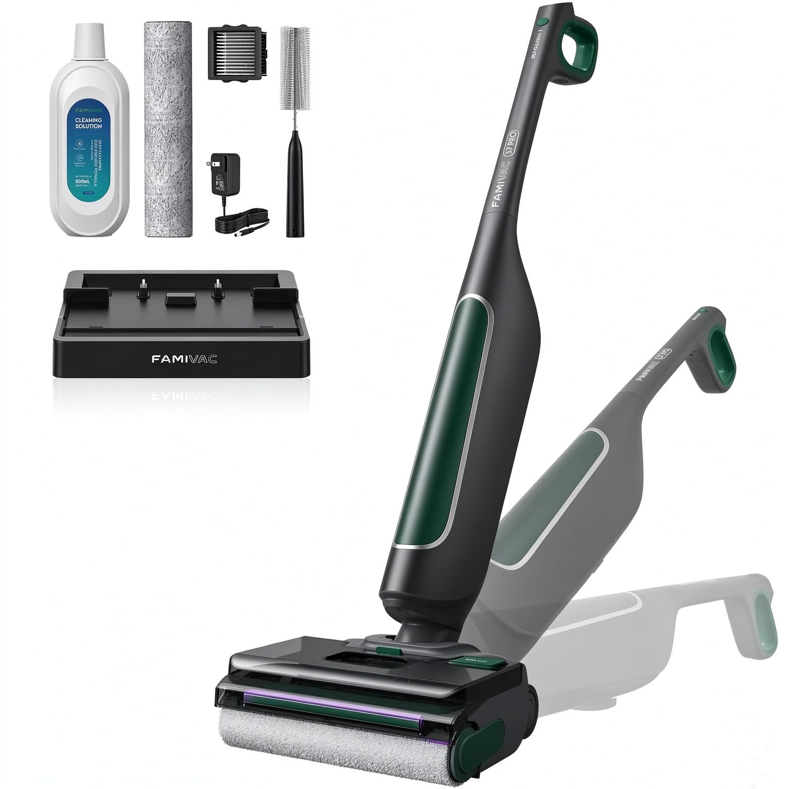 FAMIVAC S7 - Aspirapolvere a batteria per bagnato e asciutto, 60 minuti, autopulente, verde