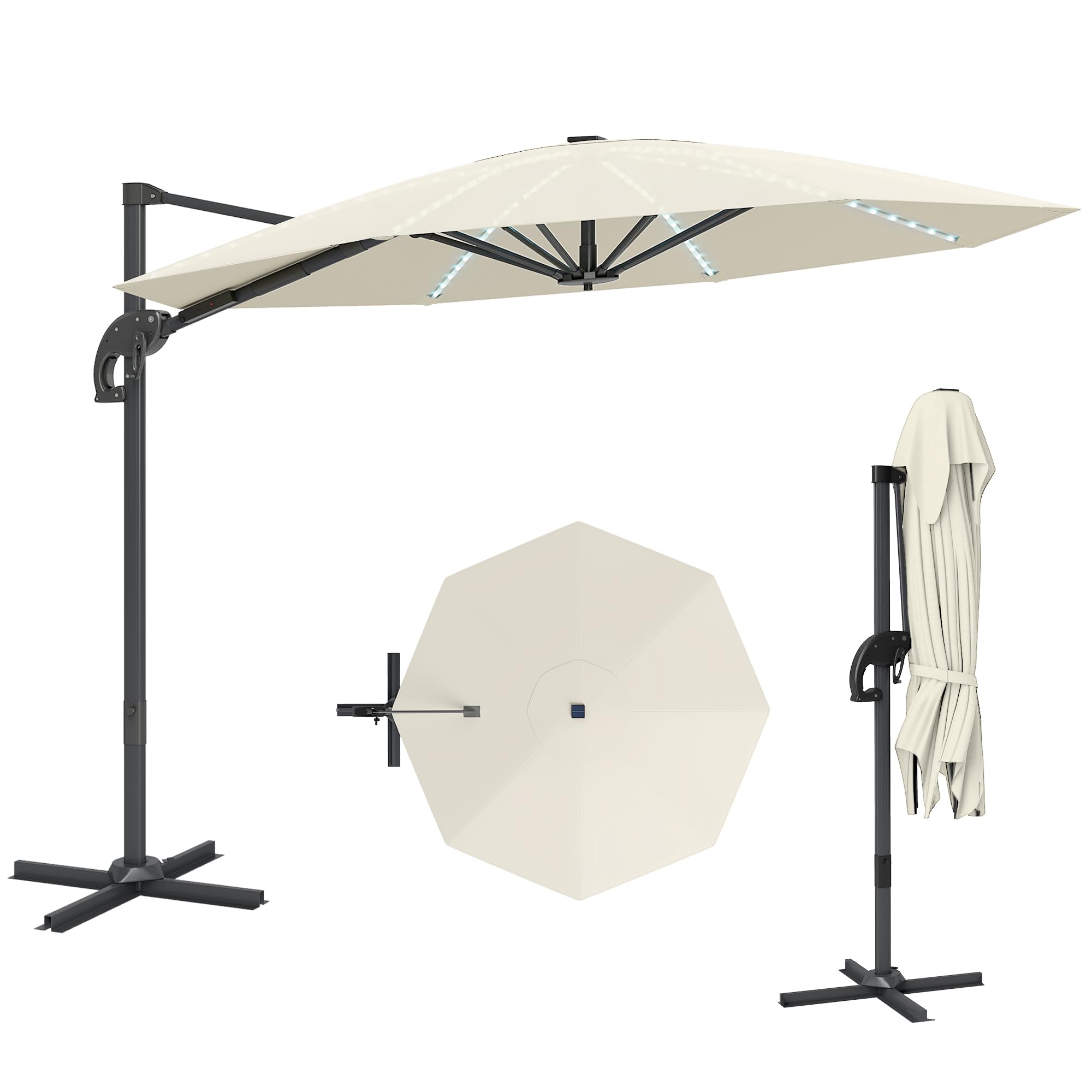 Outsunny Cream Cantilever Garden Parasol With Lights Crank Handle & Cross Base