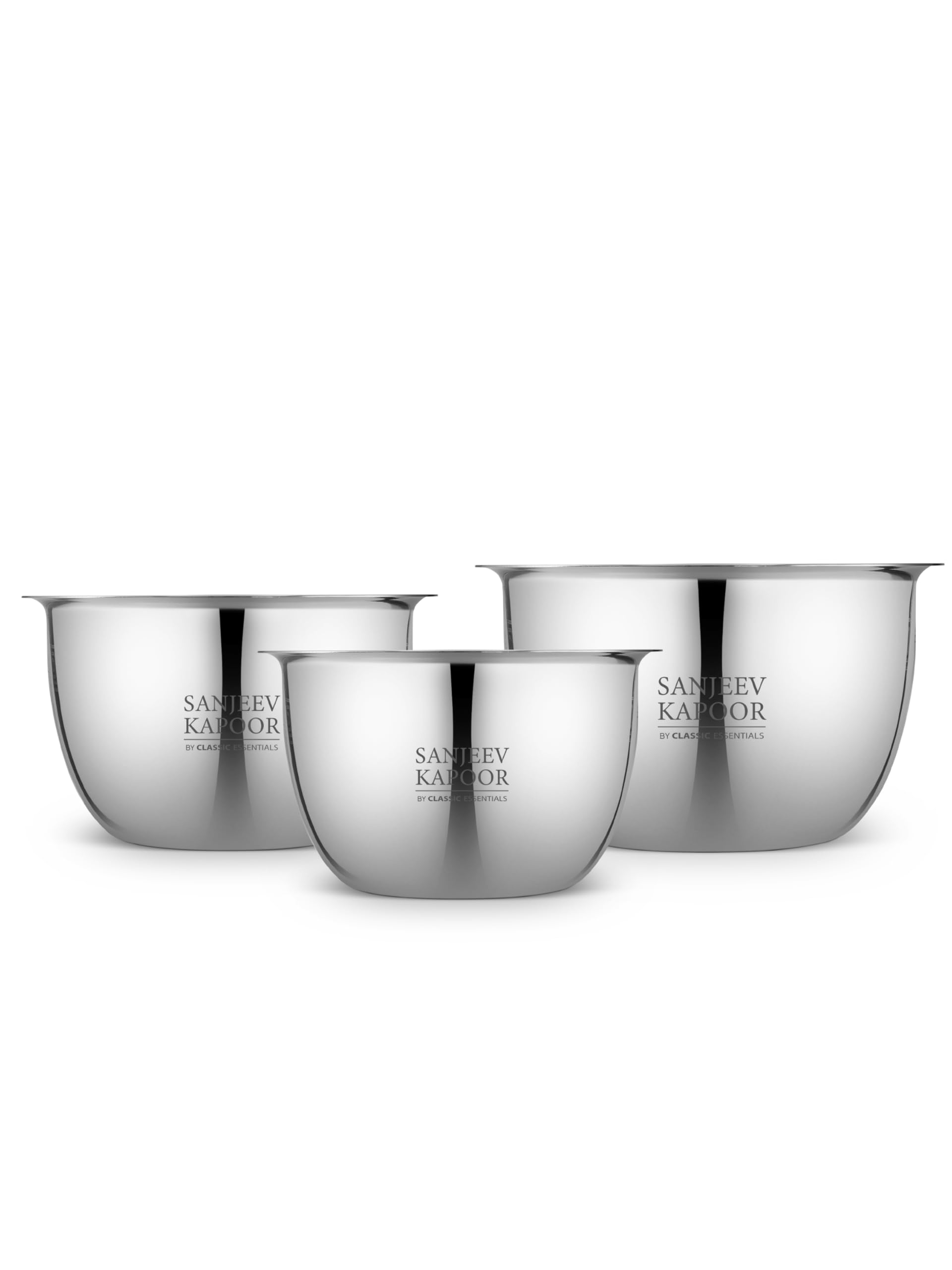 Sanjeev Kapoor by Classic Essentials Stainless Steel Set of 3 Mixing & Serving Bowl Microwave-Safe Solid, Durable, Elegant, Mirror Finish Bowl (Silver, 750,1500,1000ML)