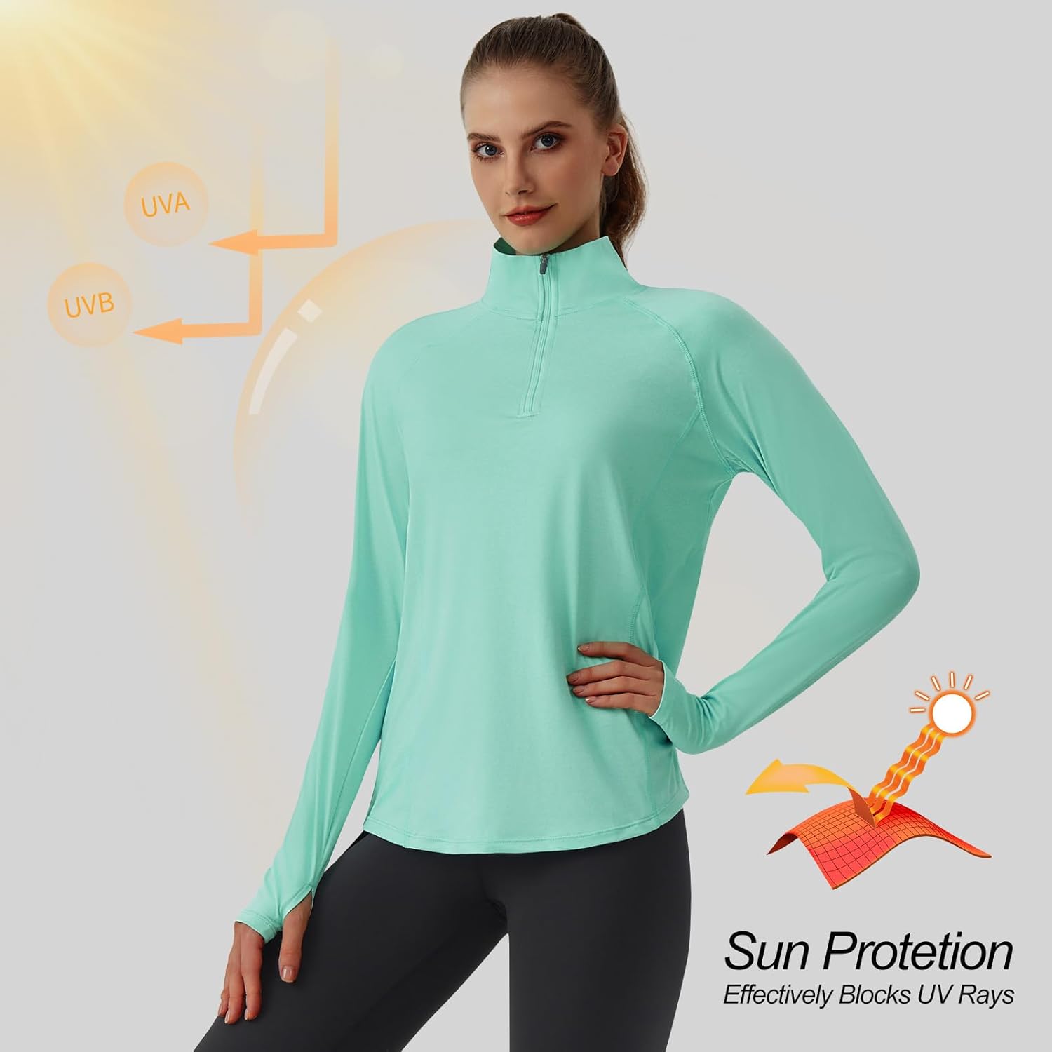 beroy Women's 1/4 Zip Shirts Pullover Long Sleeve Thumb Holes Workout Athletic Hiking Running Cycling Shirt with Pocket - Image 2