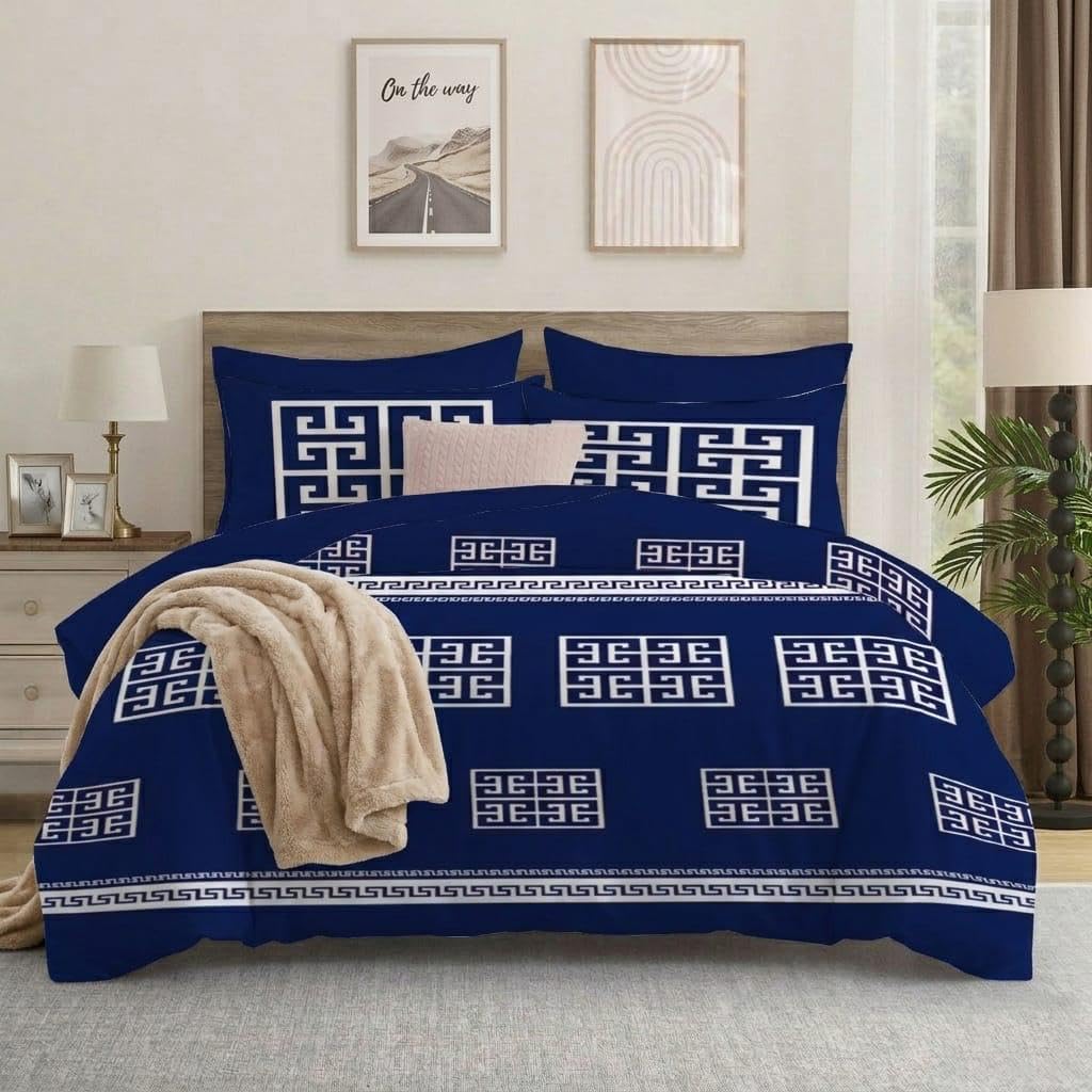 Opulent Living Luxury Royal Blue Geometric Bedding Set – Greek Key Pattern Duvet Cover Set with Pillowcases, Soft Microfiber Comforter Cover, (Royal Blue, King (U.K. Standard))