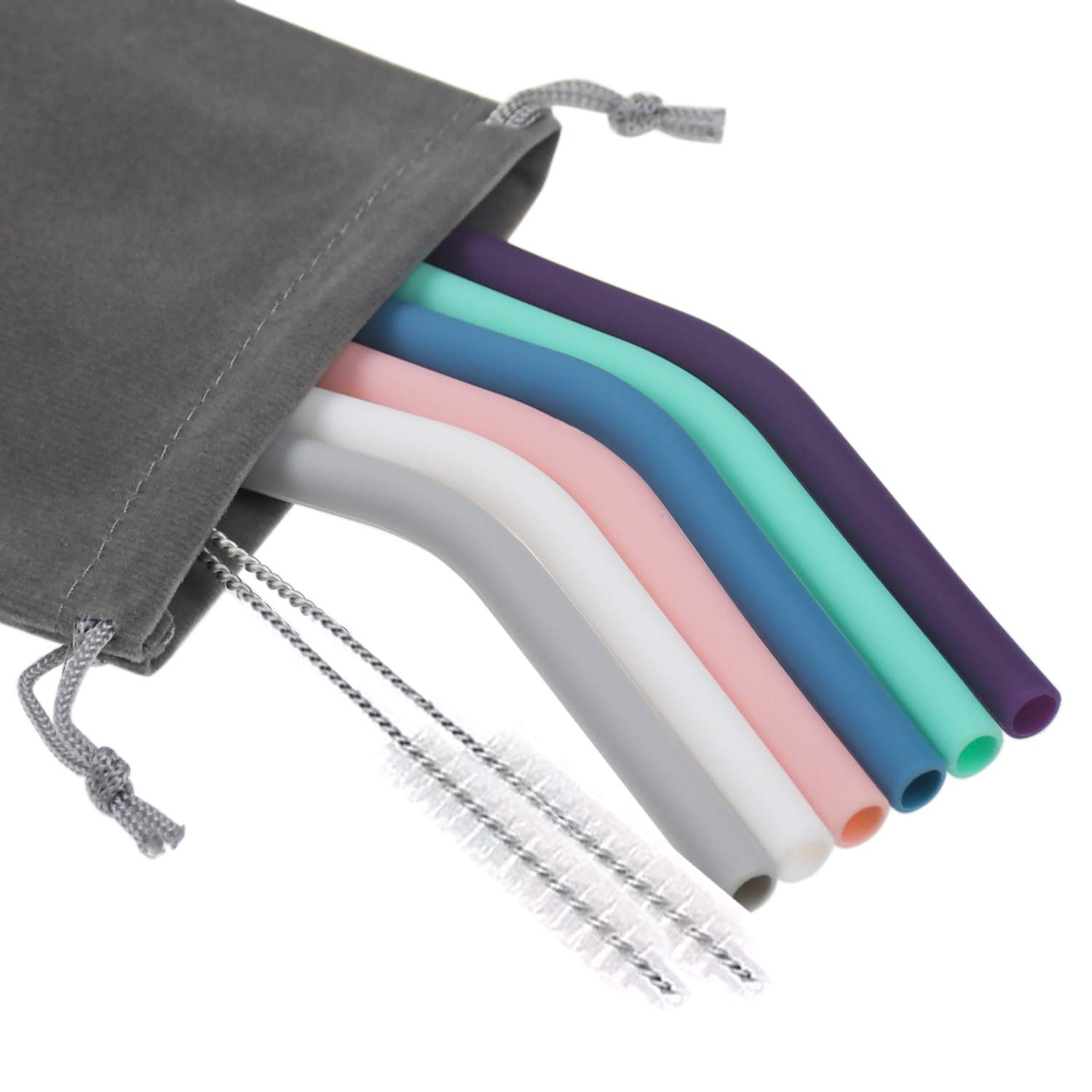 Senneny Set of 6 Silicone Drinking Straws for 30oz and 20oz - Reusable Silicone Straws BPA Free Extra Long with Cleaning Brushes- 6 Bent- 6mm diameter