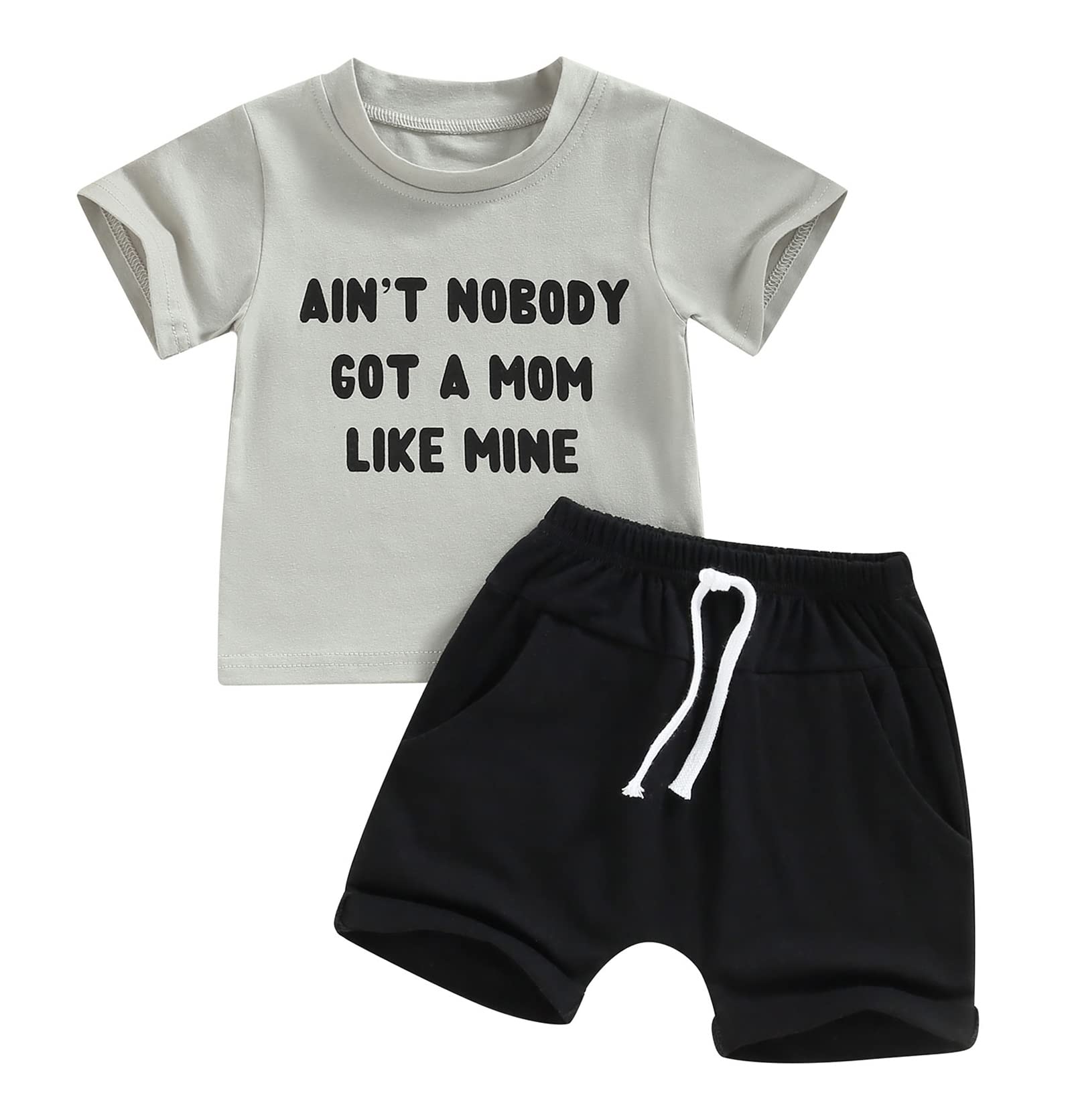 Infant Baby Boy Summer Clothes Set Mama Letter Print Short Sleeve T-Shirt Top Stretch Shorts Set 2PCS Casual Outfits (Mom-Grey, 6-12 Months)