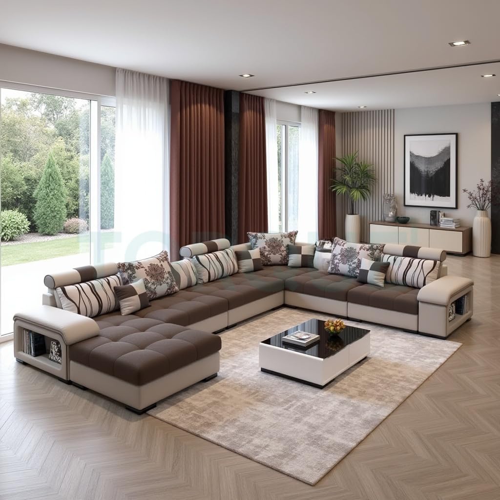 Torque - Silvester 12 Seater U Shaped Sofa for Living Room (Left Side, Dark Brown & Beige) | Large 12-Seater Couch Set with Cushion and Stool | Fabric Sofa for Hall Festival Gifts-image-31