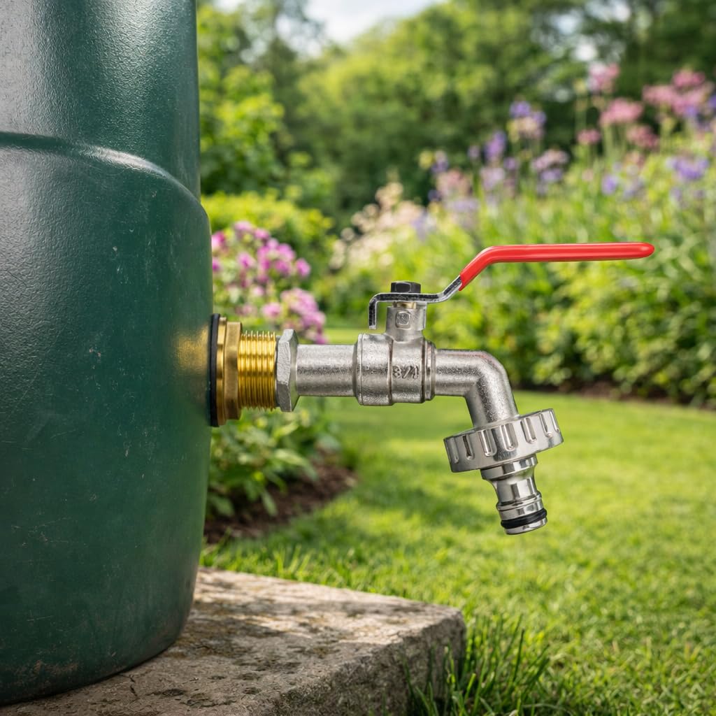 Solid brass water butt/rain barrel/tank threaded outlet adaptor/connector with 2 washers and nut,range of tap options (lever tap+quick connector)