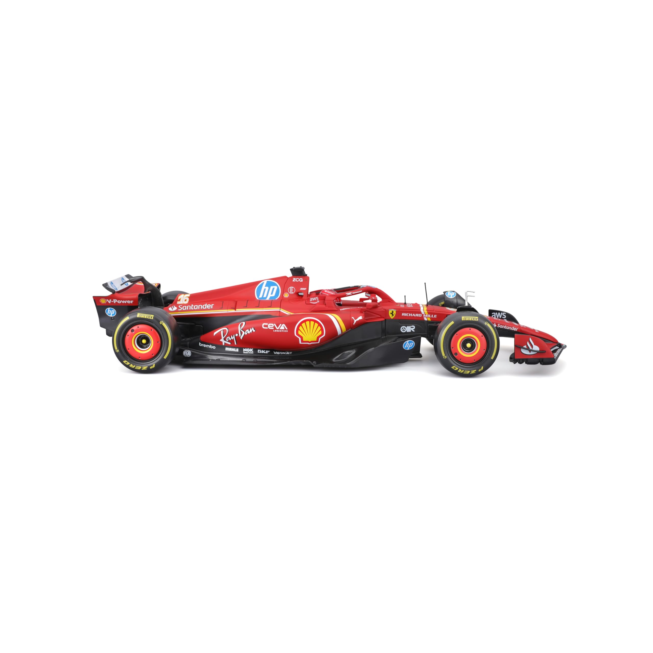 Bburago Formel 1 Ferrari SF-24 Imola-Version (2024): Modellauto im Maßstab 1:18, mit Fahrer #16 Leclerc, Window Box, 34,6 cm, rot (18-16815L)