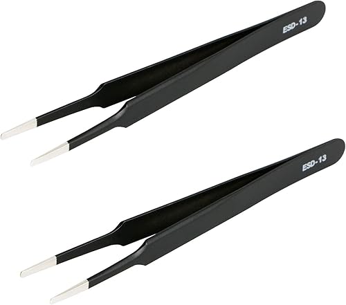 Aoje-Link ESD-13 - Pinzas de precisión antiestáticas profesionales, planas y redondas, de acero inoxidable, revestimiento de plástico, longitud