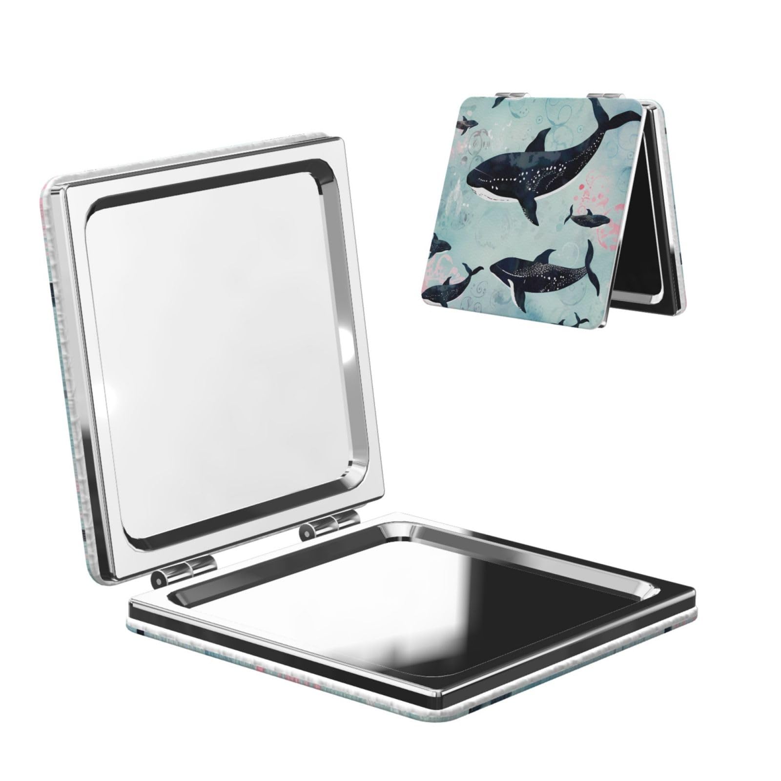 DWVTSLH Whale Compact Mirror for Purse, Double-Sided 2X/1X Magnifying Mirror for Women Men, Travel Makeup Mirror for Handbag, Handheld Vanity Mirror for Gift