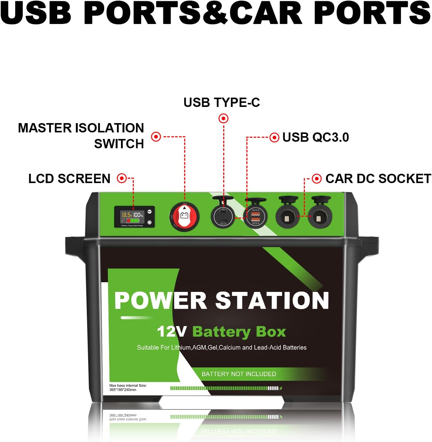 Battery Box Power Center with USB and Anderson Plug, Group 24-31 12V Waterproof Smart Battery Box for Marine, Boat, Trolling Motor, Outdoor Camping, RV (BM001)