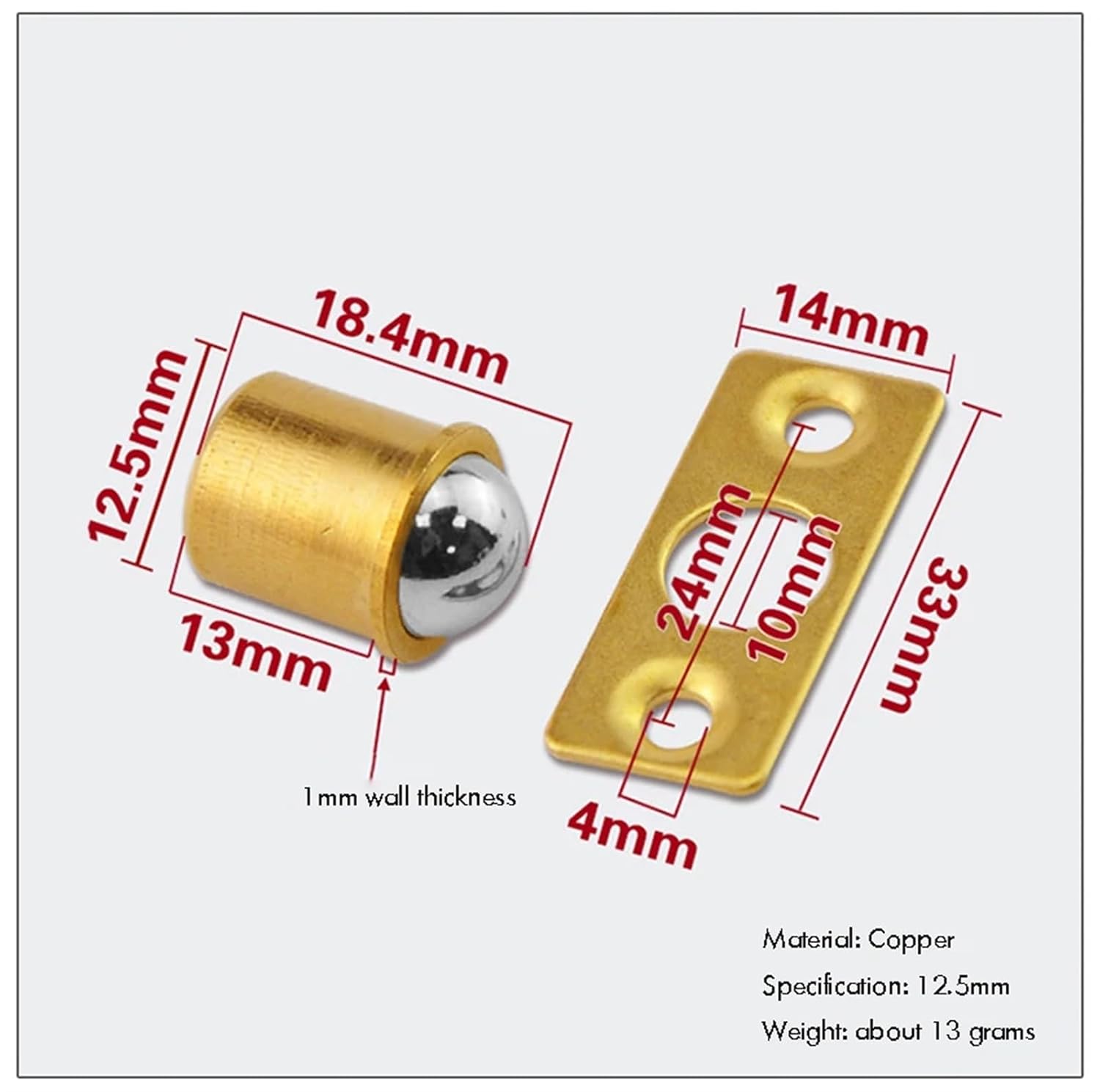 10PCS/Lot Brass Plated Closet Door Drive-in Ball Catch w/Strike Plate, Ball Catch Door Hardware for Closet, Cabinet, Furniture(12.5mm with Plate)
