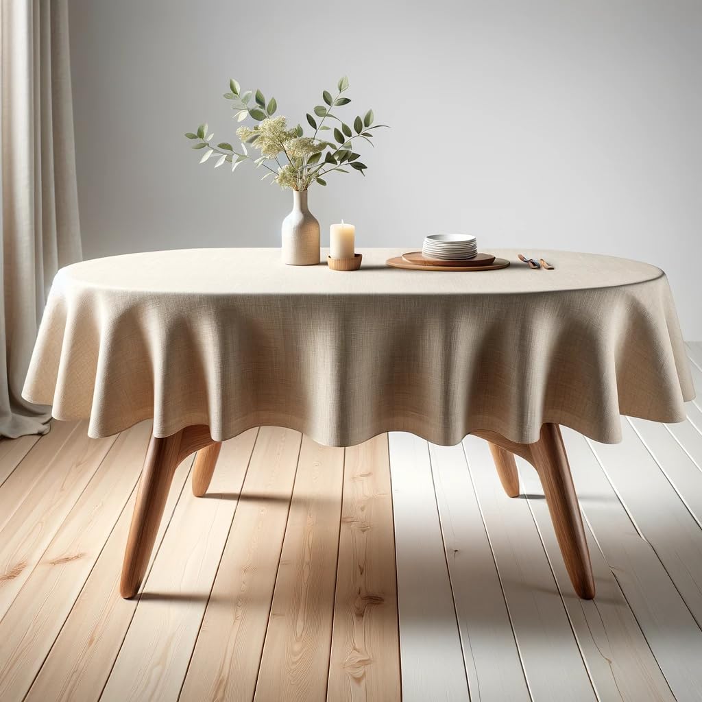 Linen Tablecloth Beige 61 x 102 Inch(155 x 260cm) Oval Handmade Beige Table Cover Natural Environmentally Friendly Material Solid Color Table Cloth Hollow Classic Design