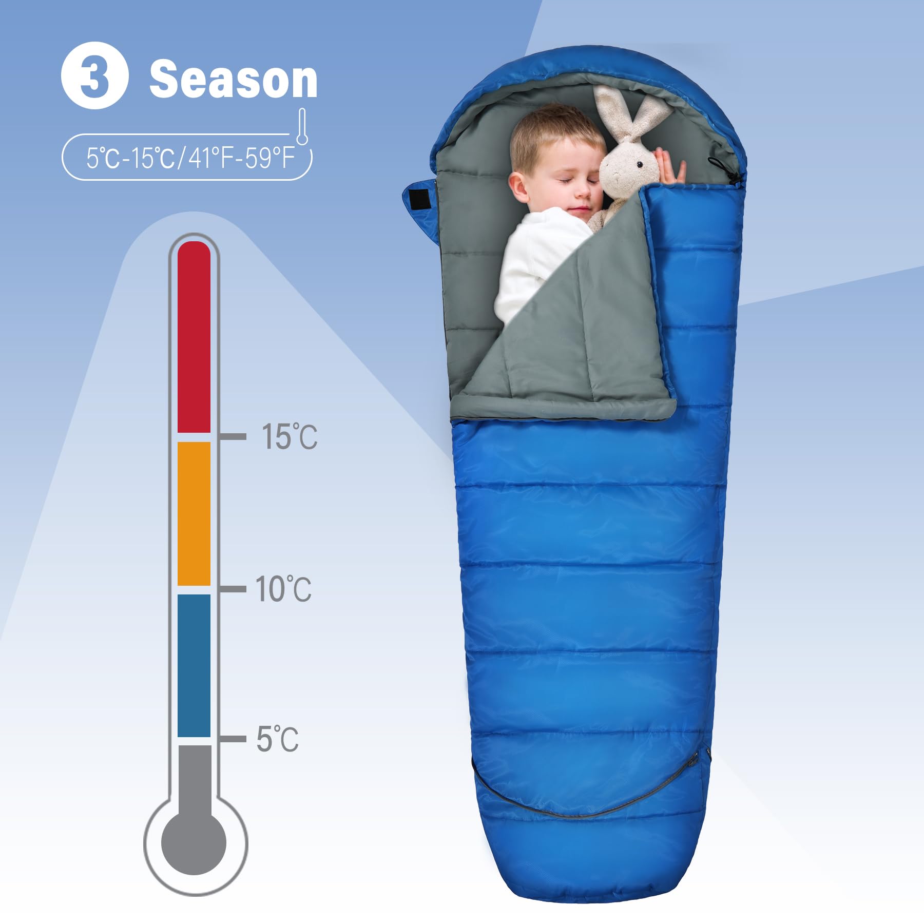 REDCAMP Kinderschlafsack für Jungen und Mädchen 175 x65 cm, Mumienschlafsack Bequem Leicht-Warm mit Ajustable in Länge und 3-Jahreszeiten für Camping&Outdoor, Blau/Rosa