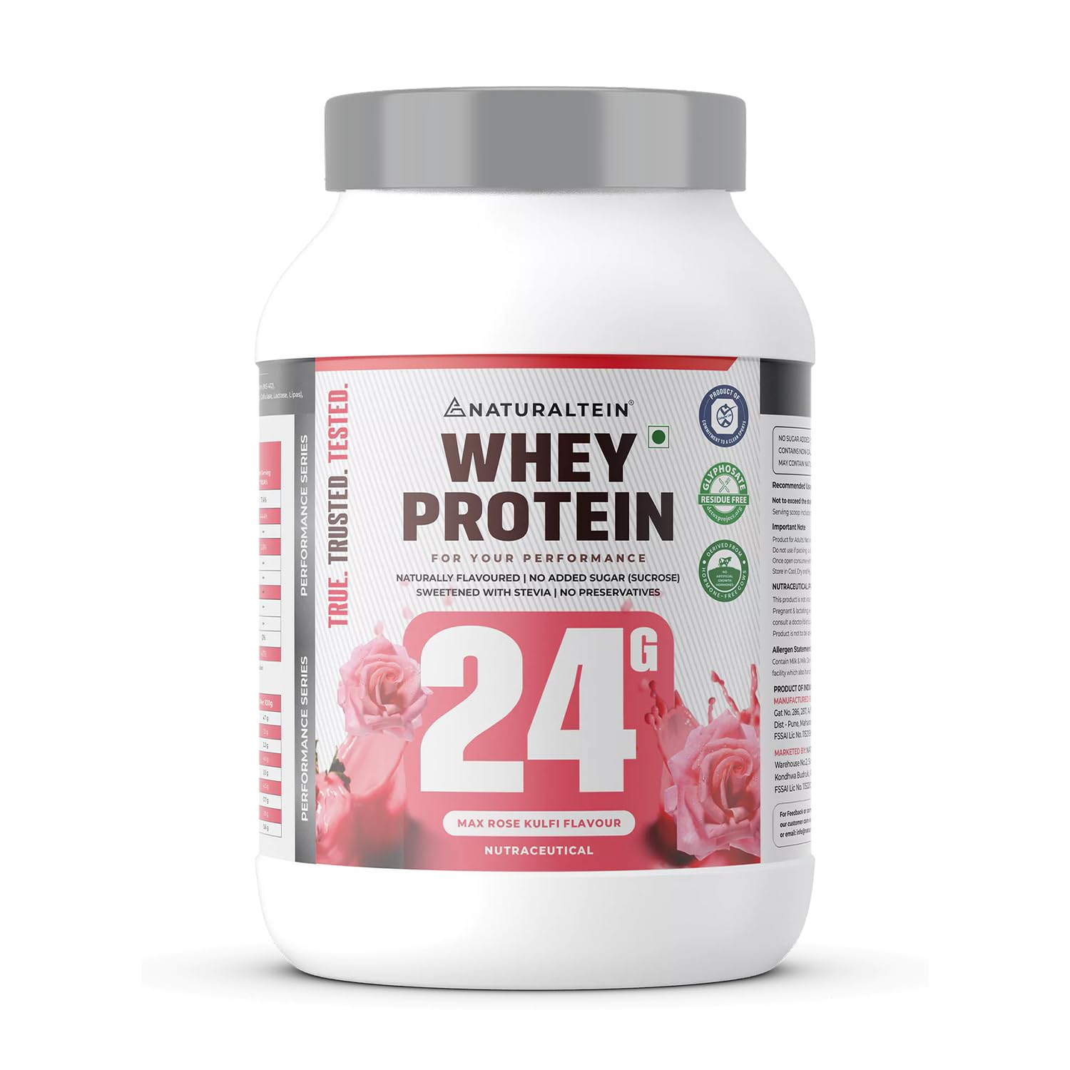 NATURALTEIN Natural Whey Protein 1 kg | Max Rose Kulfi Flavor | 24g Protein Per Serving | No Added Sugar | Sweetened with Stevia | Non-GMO | Soy-Free | Gluten-Free | Super Mixability | 100% Natural