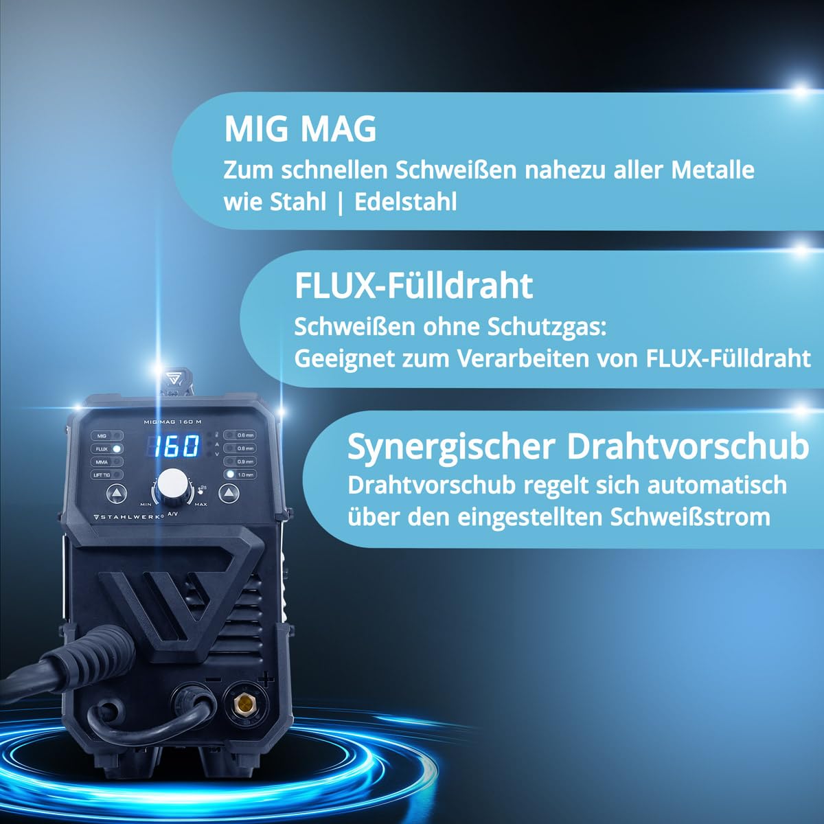 STAHLWERK Schutzgasschweißgerät MIG/MAG 160 M – Vollausstattung – kompakter 5-in-1-Kombi-Inverter mit 160 A für MIG/MAG, FLUX (Fülldrahtschweißen), MMA/E-Hand (ARC) & Lift-TIG (DC), 6,8 kg, Hotstart