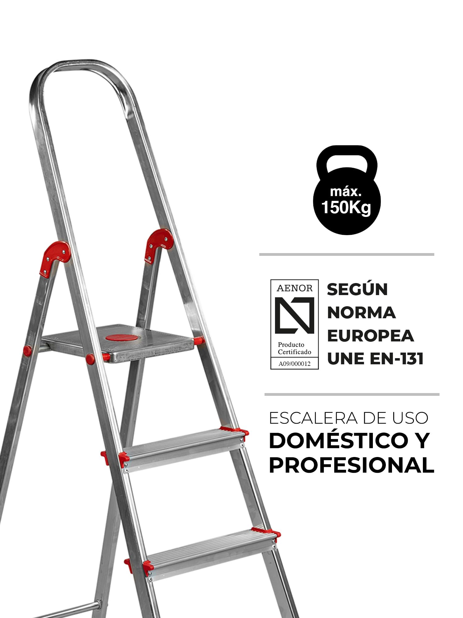 Escalera Aluminio Rolser Unica 5 Peldaños. Certificada según Norma Europea EN-131 para Uso doméstico y Profesional.