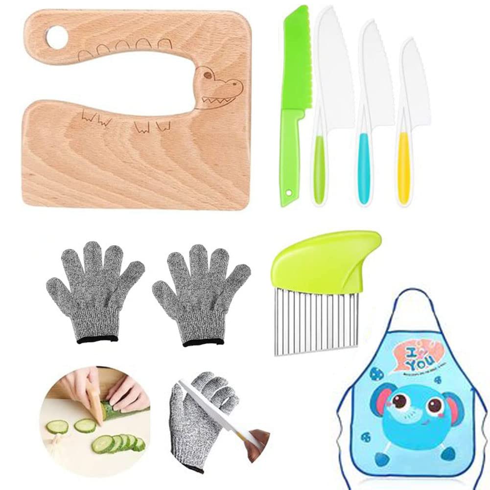 Wooden Kids Kitchen Knife Set, 8 Pieces Include Wood Safe Knife, Potato Slicers, Knife Resistant Gloves, Apron, Serrated Edges Toddler Knife, for Real Cutting Fruit, Vegetable, Lettuce Tool(Crocodile)