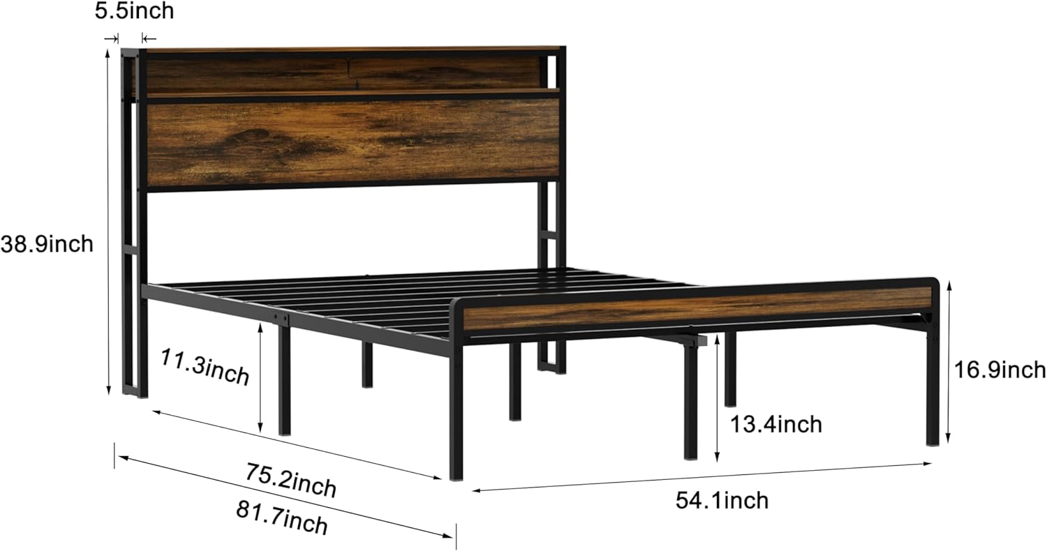 Full Size Metal Bed Frame with Headboard and Footboard, LED Lighting, Black Heavy Duty Mattress Foundation with Steel Slat Support, Noise Free,81.73" L x 54.13" W x 38.96" H