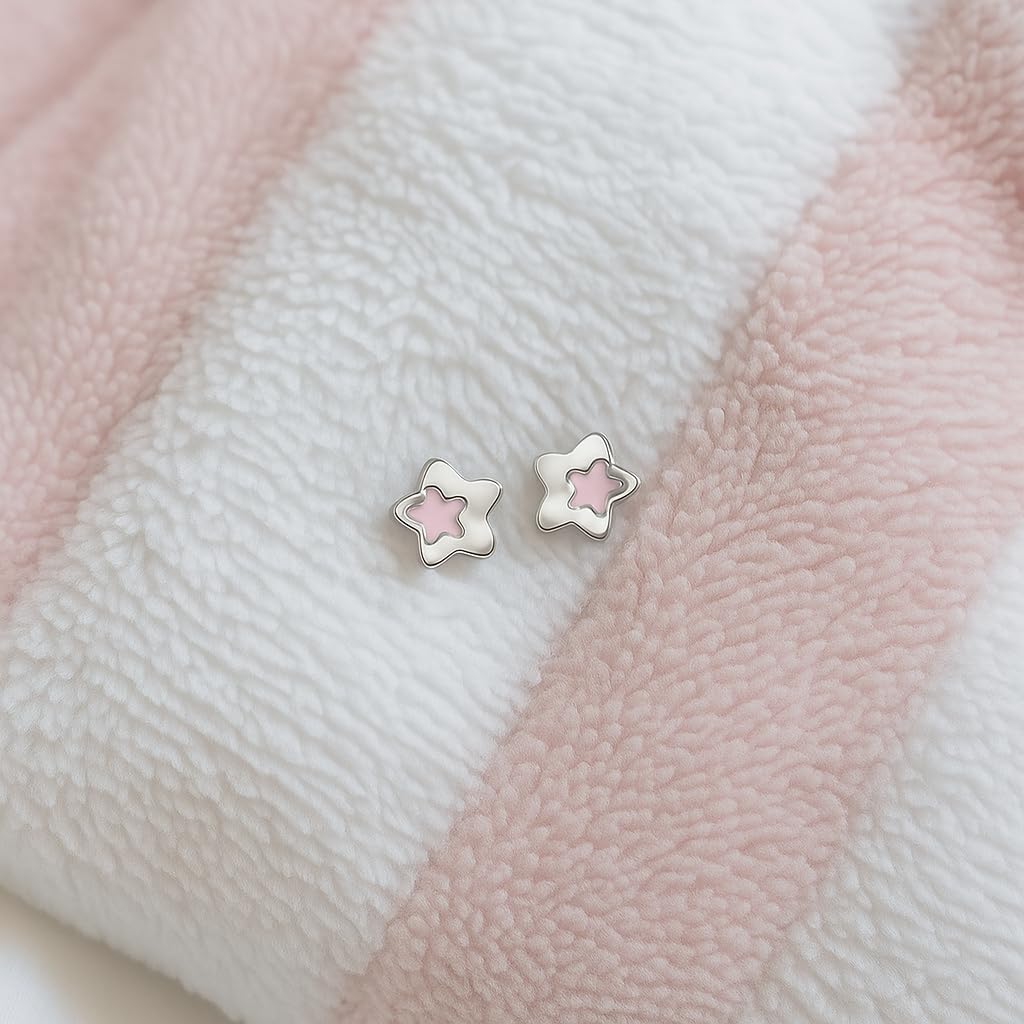 Orecchini in Argento Sterling 925 con Piccole Stelle, Rodiati per Bambine e Donne, 6 mm