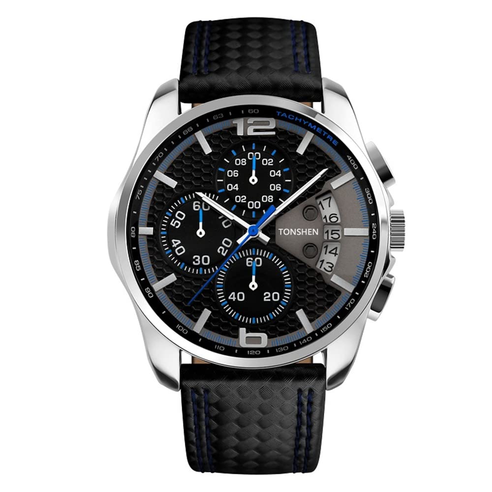 TONSHEN Herrenuhr Sportuhr Analog Uhr Leder Band mit Edelstahl Lünette Quarz Uhr Mode Klein Zifferblatt Doppel Zeit Datum Armbanduhr Casual Business Uhren