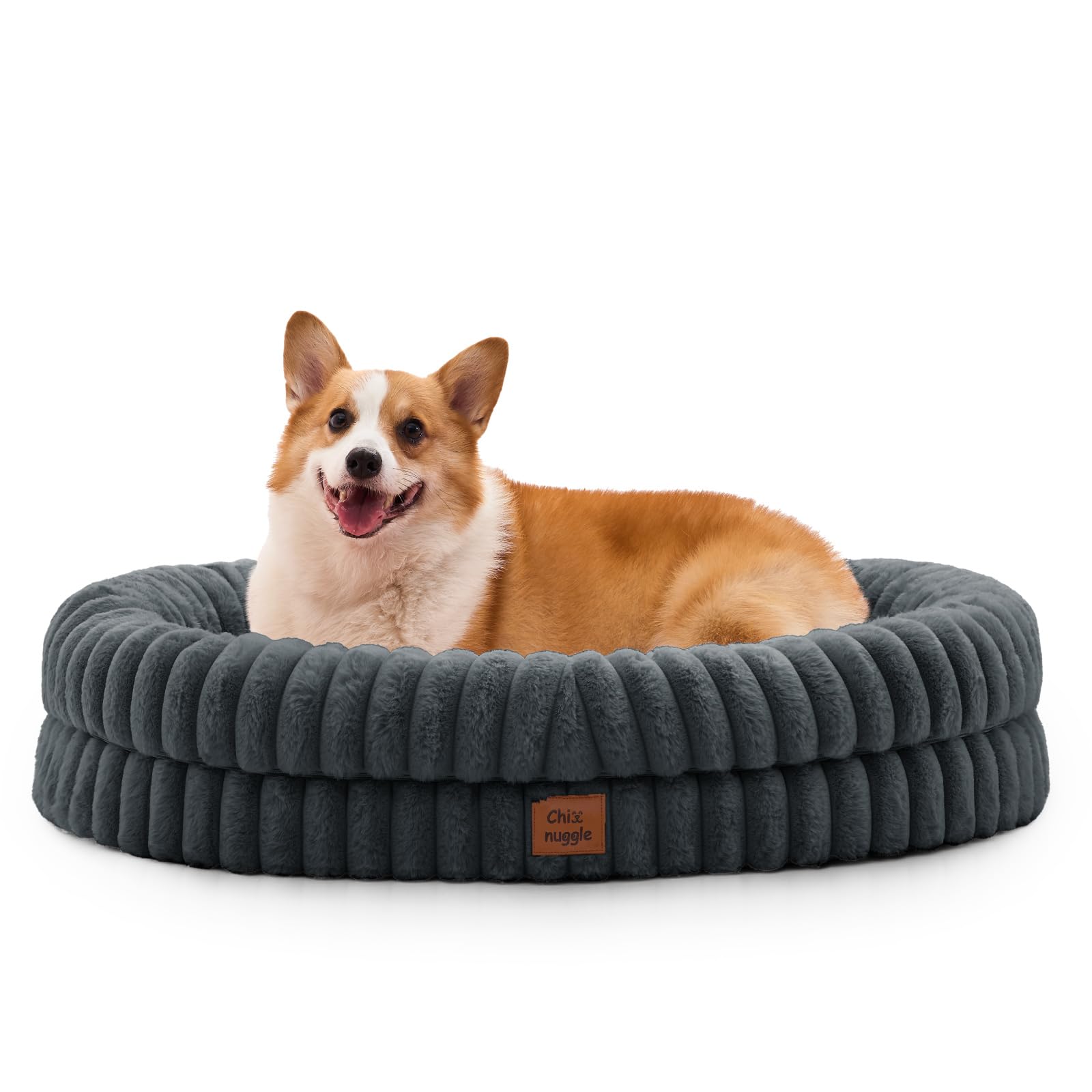 Dog Bed Large Sized Dog - Luxury Striped Faux Fur Waterproof Pet Couch with Removable Washable Cover, Orthopedic Pet Bed with Bolster Sides for Sleeping, Dark Grey