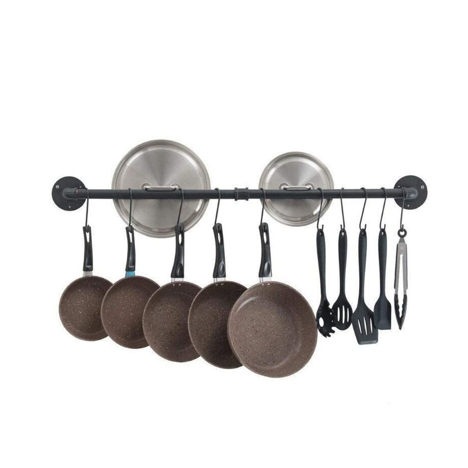 Barre De Cuisine Industrielle Noire 80 Cm - Support Mural Suspension Casseroles Poêles Ustensiles, Style Loft Avec 10 Crochets S