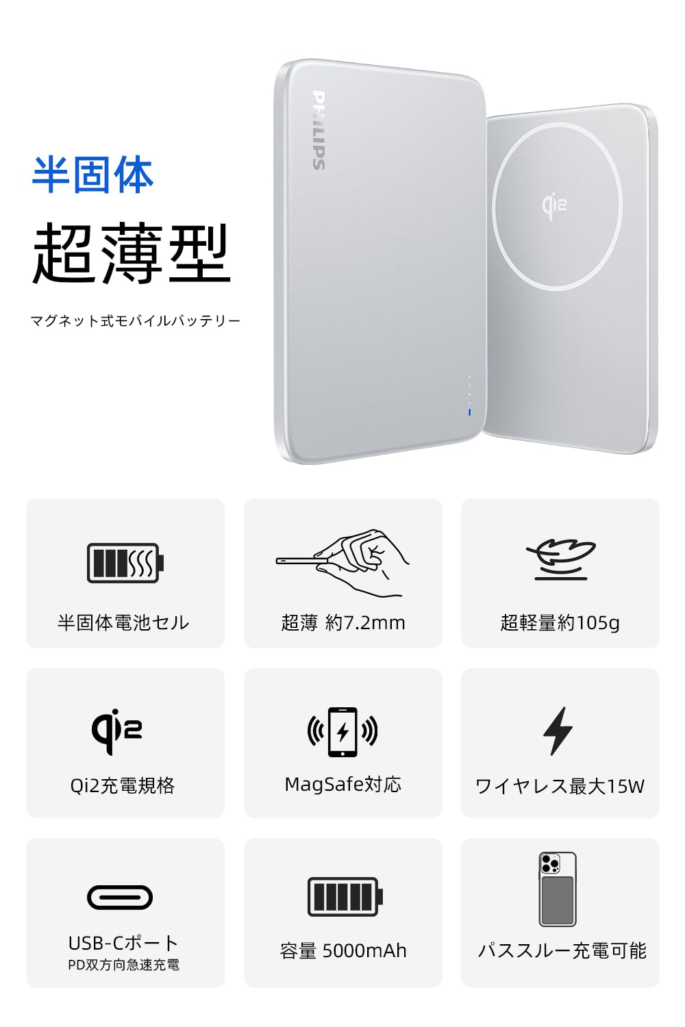 Amazon | Philips(フィリップス) モバイルバッテリー 半固体 電池 7.2