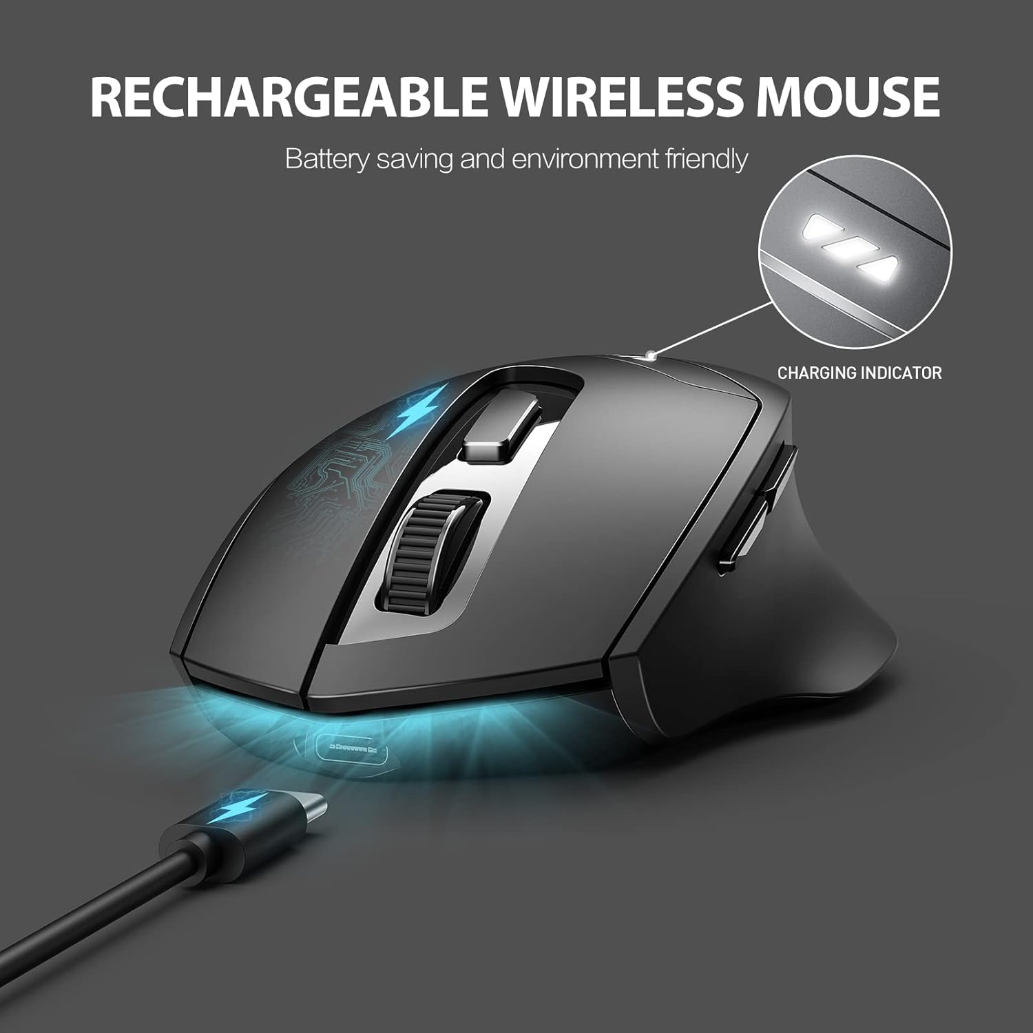 INPHIC DR01 mouse being charged via USB cable, showing charging indicator lights