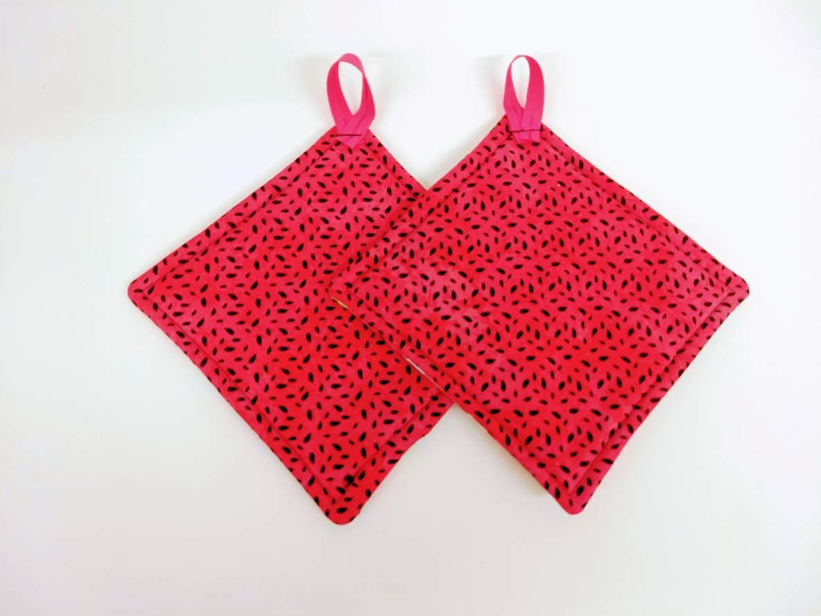 Potholder Set in a Springtime Watermelon Fabric Print by Sewuseful Studios LLC