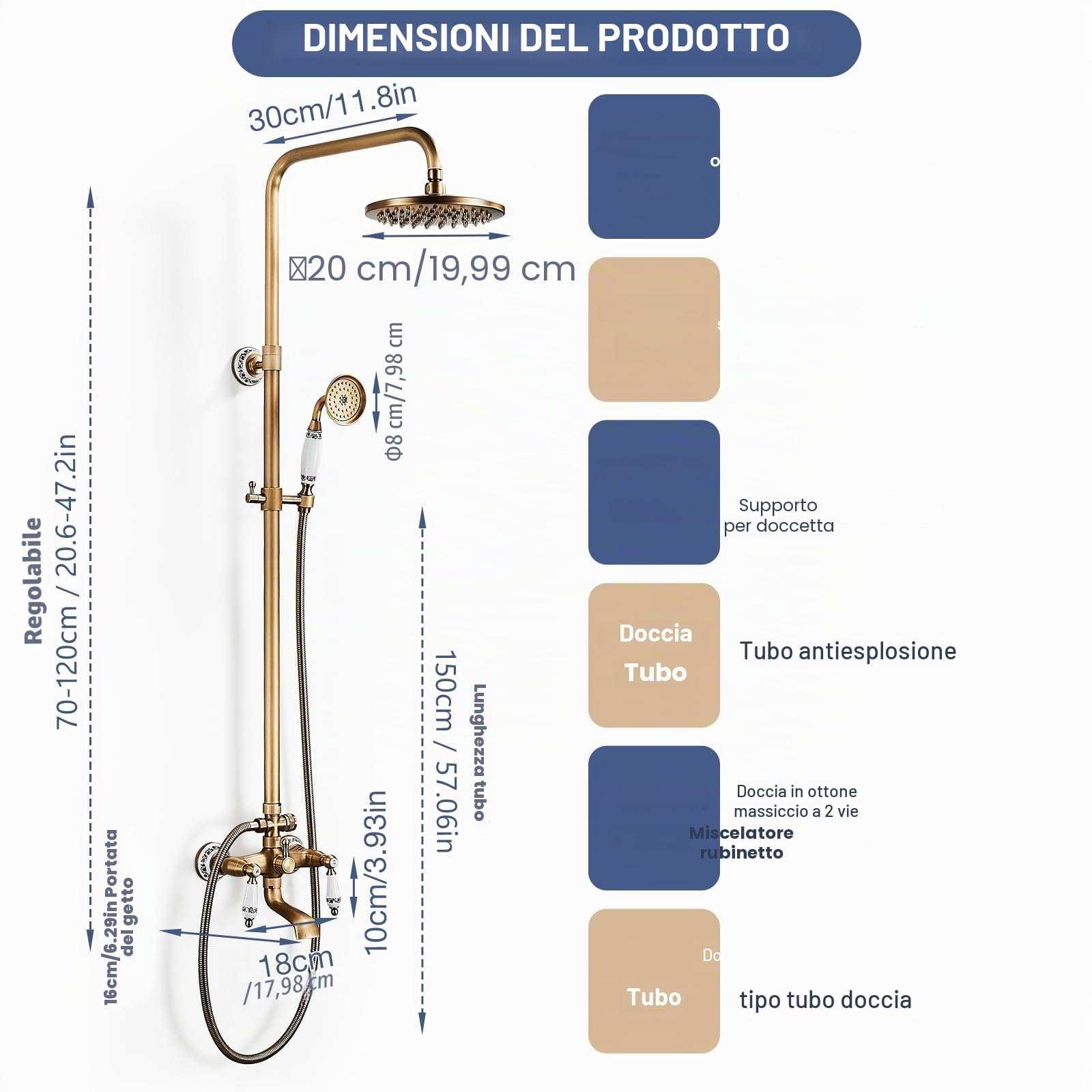 Colonna Doccia Retro Ottone Sistema Doccia con Rubinetto, Set completo Doccia in Antico Ceramica con Soffione Doccia a Pioggia da 8", Doccetta, Rubinetto per Vasca, Altezza Regolabile 70-120 cm