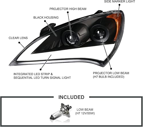 Miniatura 3 de SPEC-D TUNING Barra de luz LED, carcasa negra, proyector de lente transparente, faros delanteros con señal secuencial compatible con Hyundai Genesis