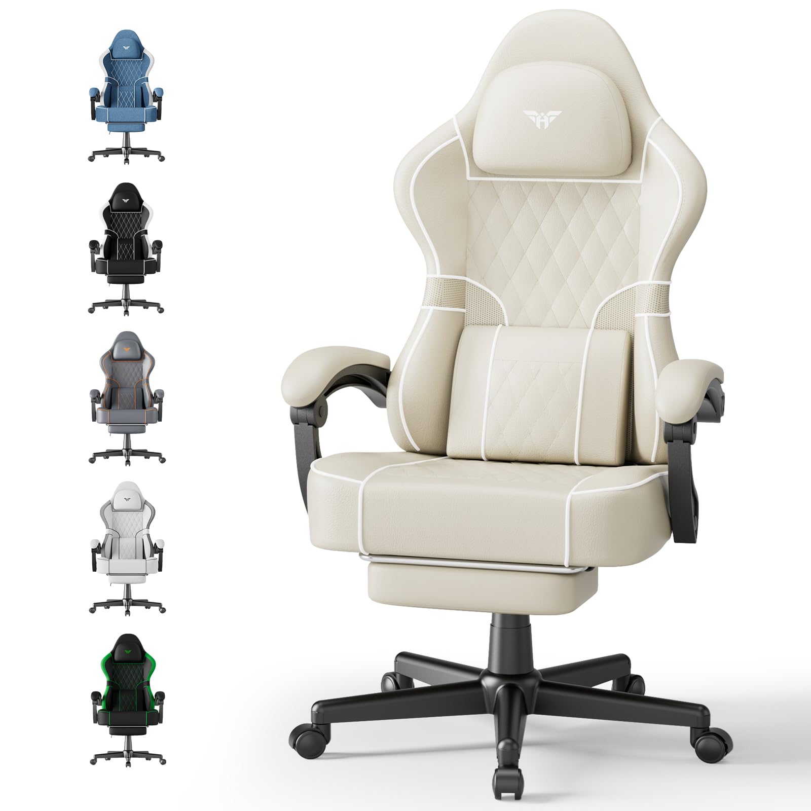 Ferghana Gaming Stuhl，Gaming Stuhl Ergonomisch，Bürostuhl aus Stoff PU-Leder, Gamer Chair mit Verstellbare Kopfstütze und Lendenkissen，Armlehnen，Fußstütze，PC Stuhl für Office Gaming (Beige,PU-Leder)