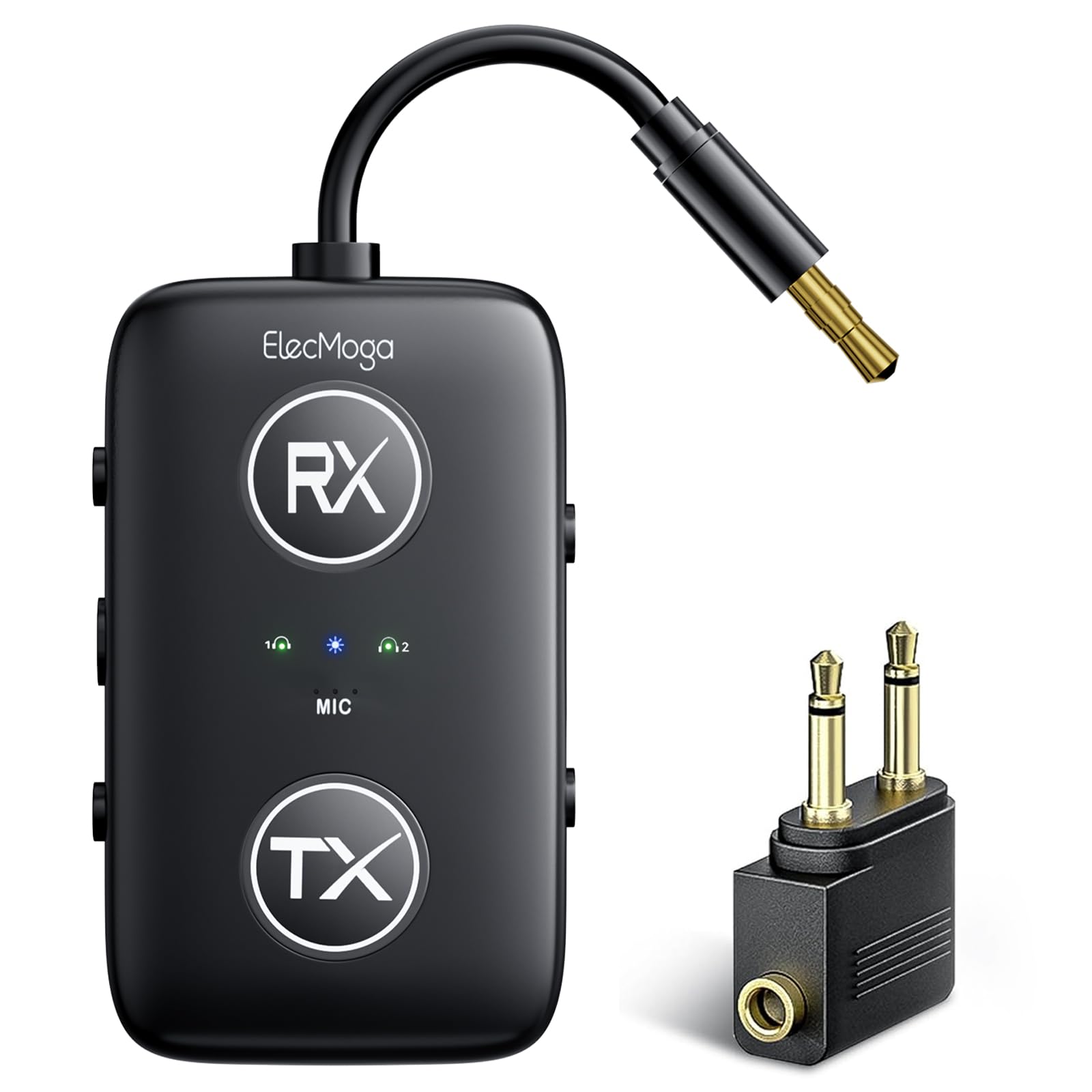 2025 Upgraded Airplane Bluetooth 5.4 Transmitter with Qualcomm Chipset, ElecMoga Airplane Travel Essentials Supports 2 AirPods or Headphones, 2-in-1 AUX Wireless Receiver for Gym, TV, Car, Audio