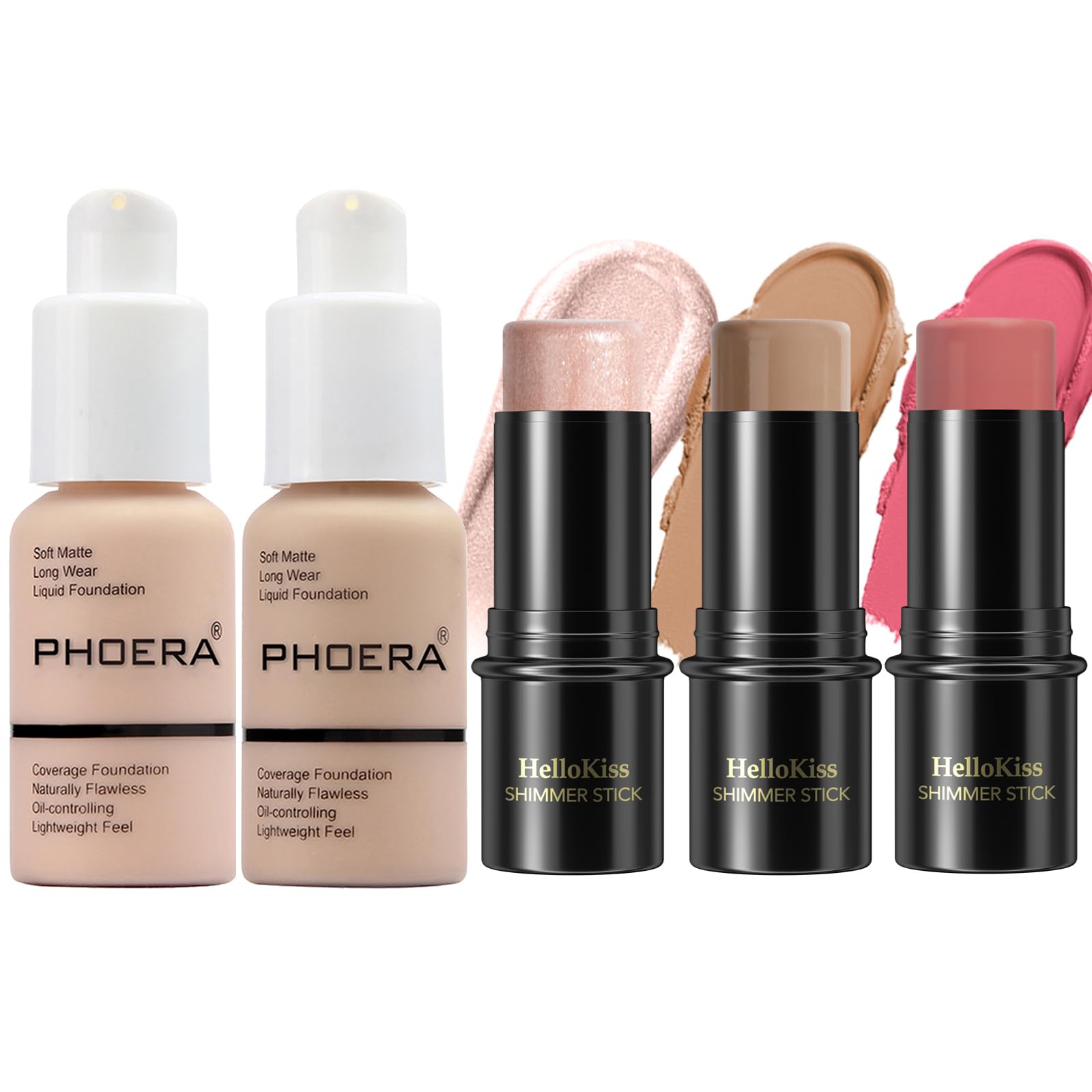 Hilareco PHOERA Foundation,3 PCS Contour Stick Makeup Kit,Shades with Highlighter Stick,Blush Stick and Bronzer Contour (101+102+ Fair Contour/