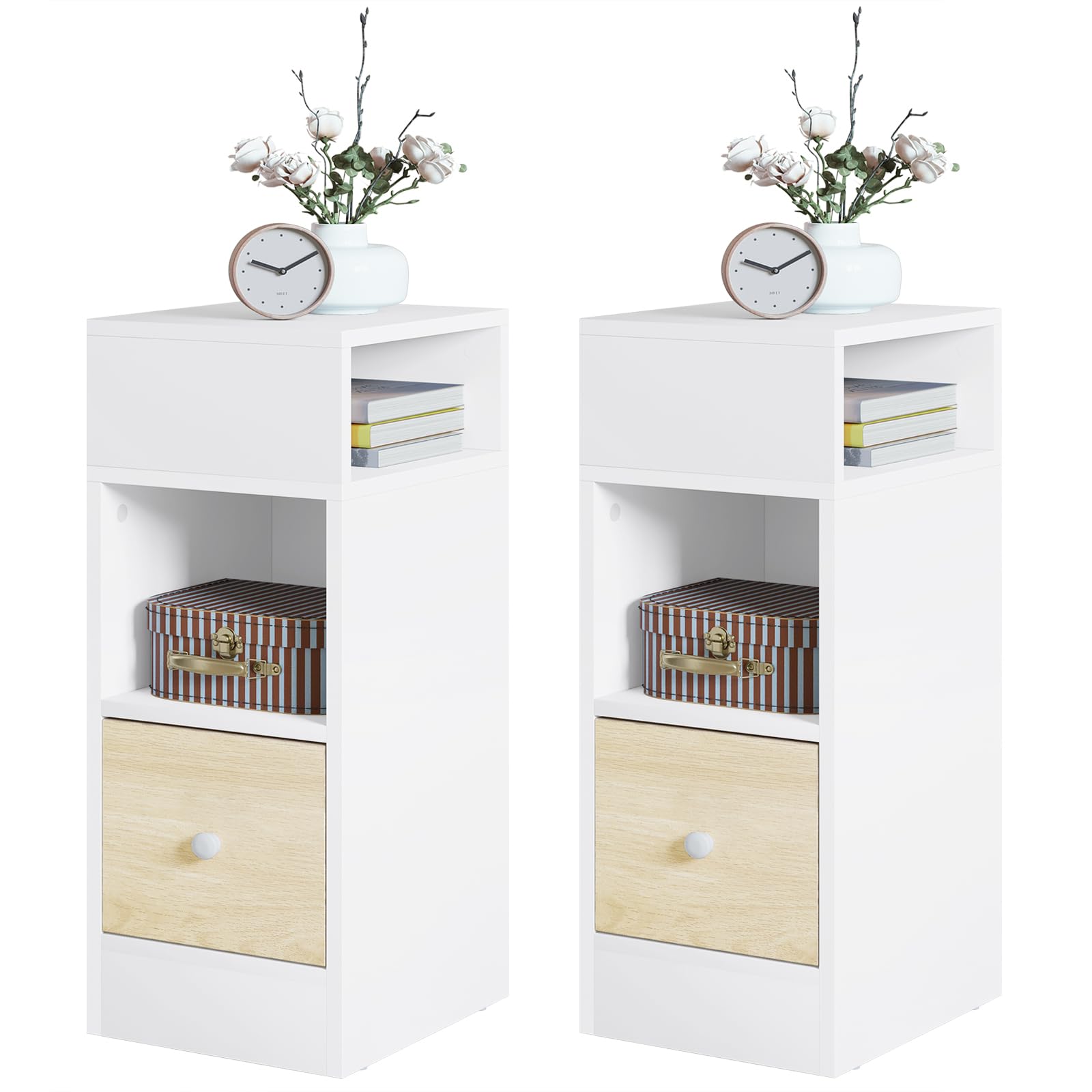 EUGAD 2X Mesitas de Noche con 2 Compartimentos y 1 Cajón, 25x30x66 cm, Mesilla de Noche Estrecha Dormitorio, Estilo Moderno, Mesita Auxiliar Alta de Madera, Blanco Vetas de Madera, 0011CTG-2