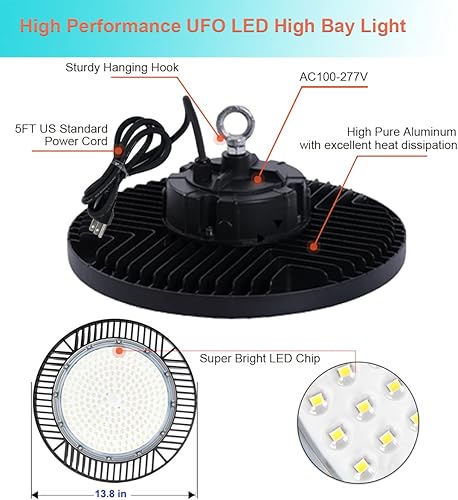 Miniatura 6 de Paquete de 6 luces LED de alta bahía de 240 W, 33600 lm (Eqv.1000W HIDHPS) 100-277V, IP65, 5000K UFO LED High Bay Shop con cable de 5 pies enchufe