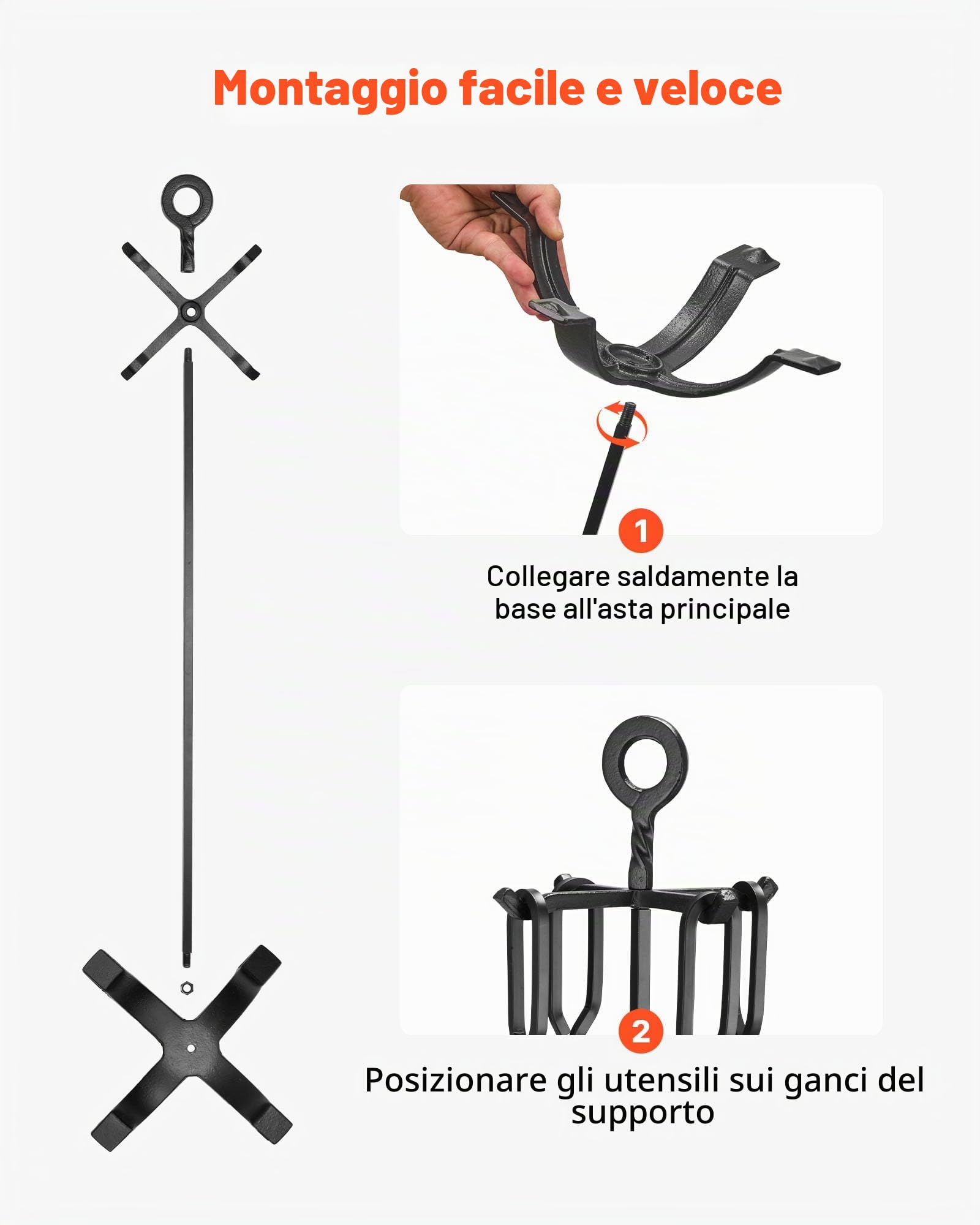 VEVOR Set di Attrezzi per Camino, 5 Pezzi, con Supporto a 4 Punte, Pinze, Paletta per Cenere, Spazzola, Attizzatoio per Caminetto, Accessori per Camino in Ferro Battuto per Falò, Nero